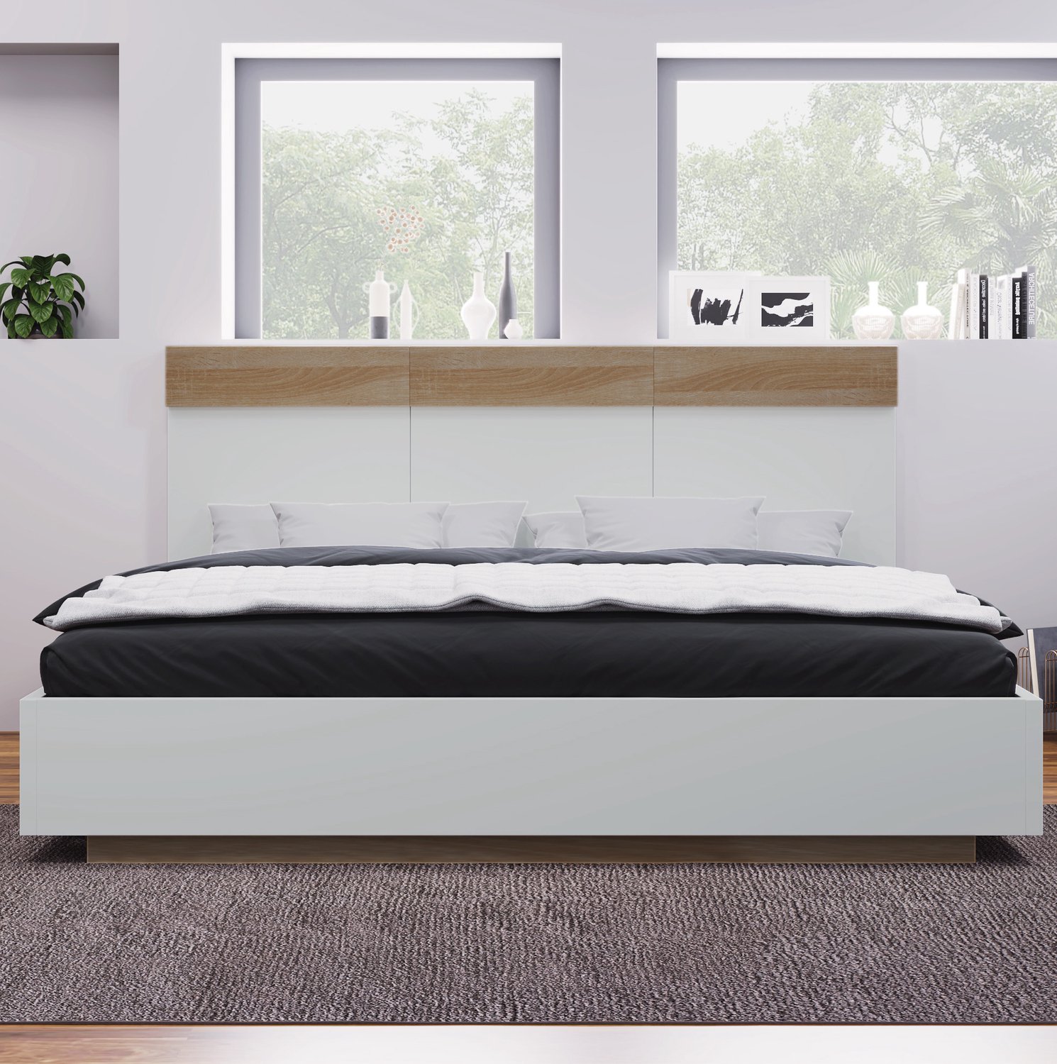 Maisentiel Tweepersoonsbed 140 x 200 cm met lattenbodem en hoofdbord - wit en eikenkleur
