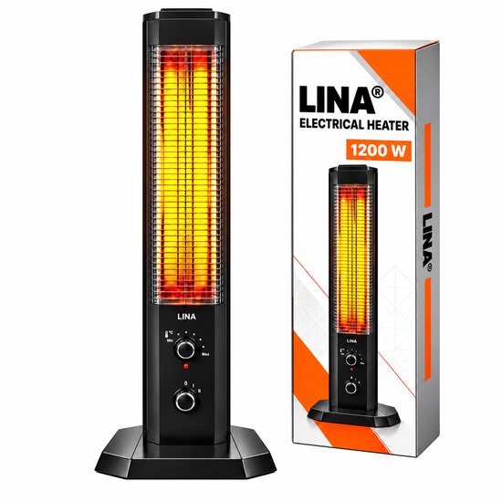 Zwarte LINA elektrische kachel (1200 W) met staande basis en bijbehorende productverpakking.