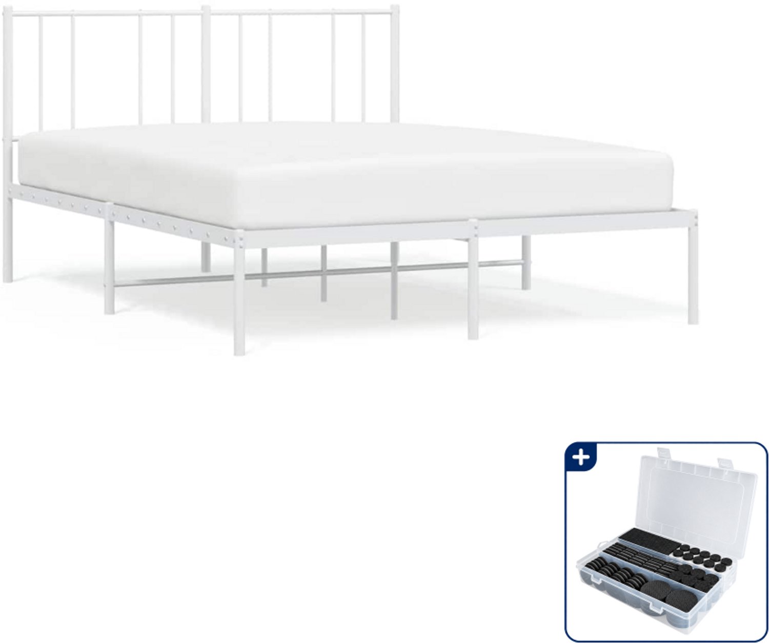 vidaXL bedframe met hoofdbord - 135 x 190 cm - staal - wit - Inclusief antikrasvilt 177-delig
