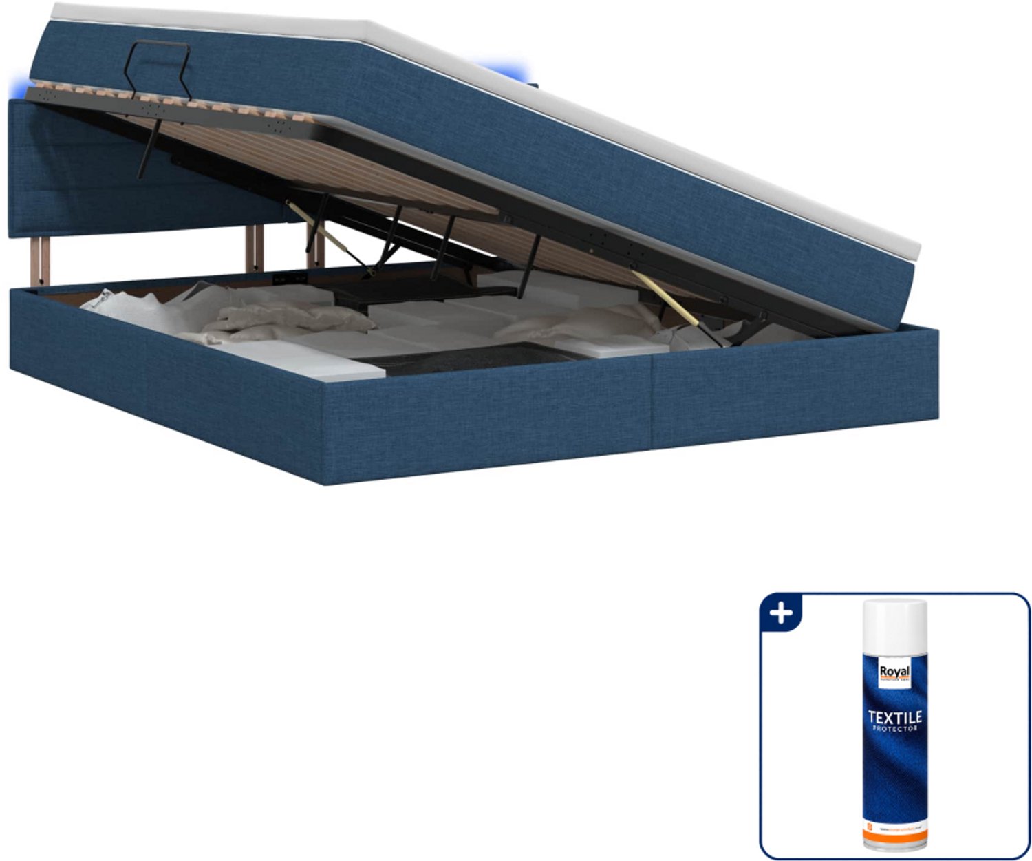 vidaXL LED opbergbed met matras - Kingsize - 180 x 200 cm - Blauw - Inclusief textielbeschermer 500 ml