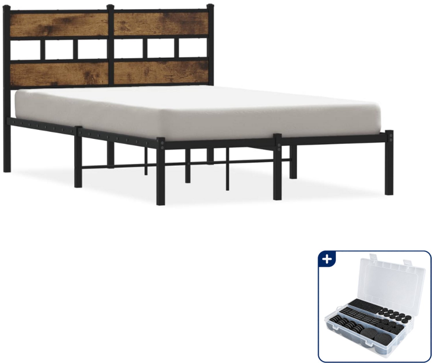 vidaXL bedframe - 120 x 190 cm - zwart en gerookt eikenkleur - Inclusief antikrasvilt 177-delig Bruin