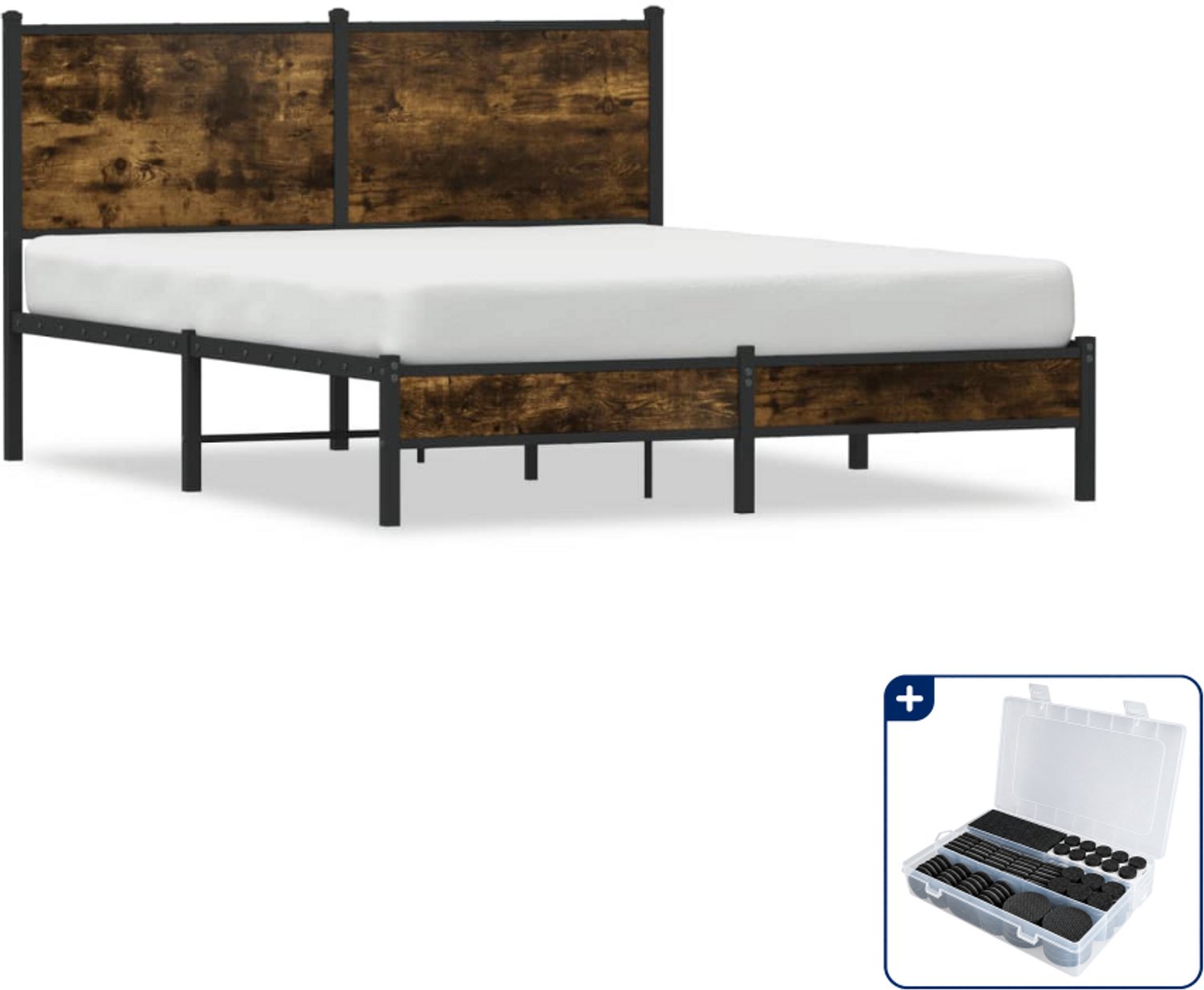 vidaXL Bedframe Small double - 140 x 200 cm - gerookt eiken - Inclusief antikrasvilt 177-delig Bruin