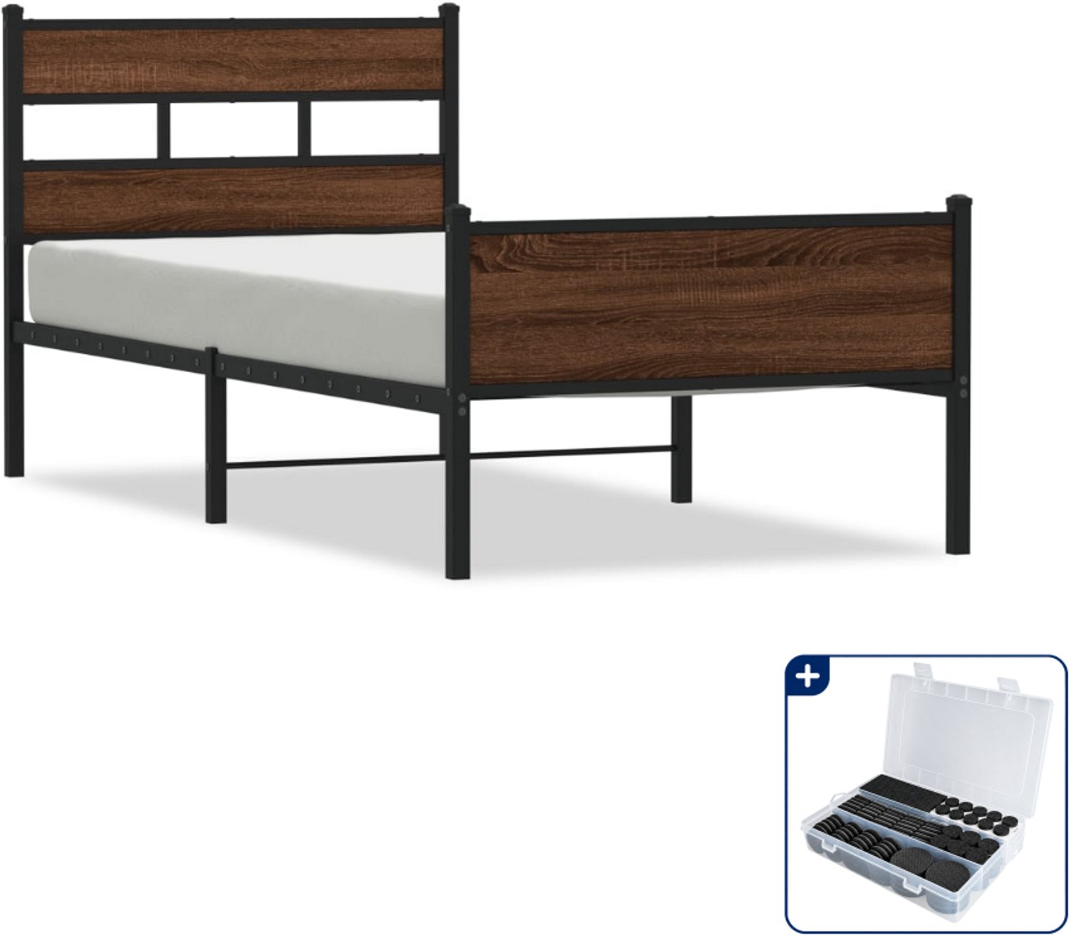 vidaXL bedframe - 90 x 190 cm - staal en bewerkt hout - bruineiken - Inclusief antikrasvilt 177-delig