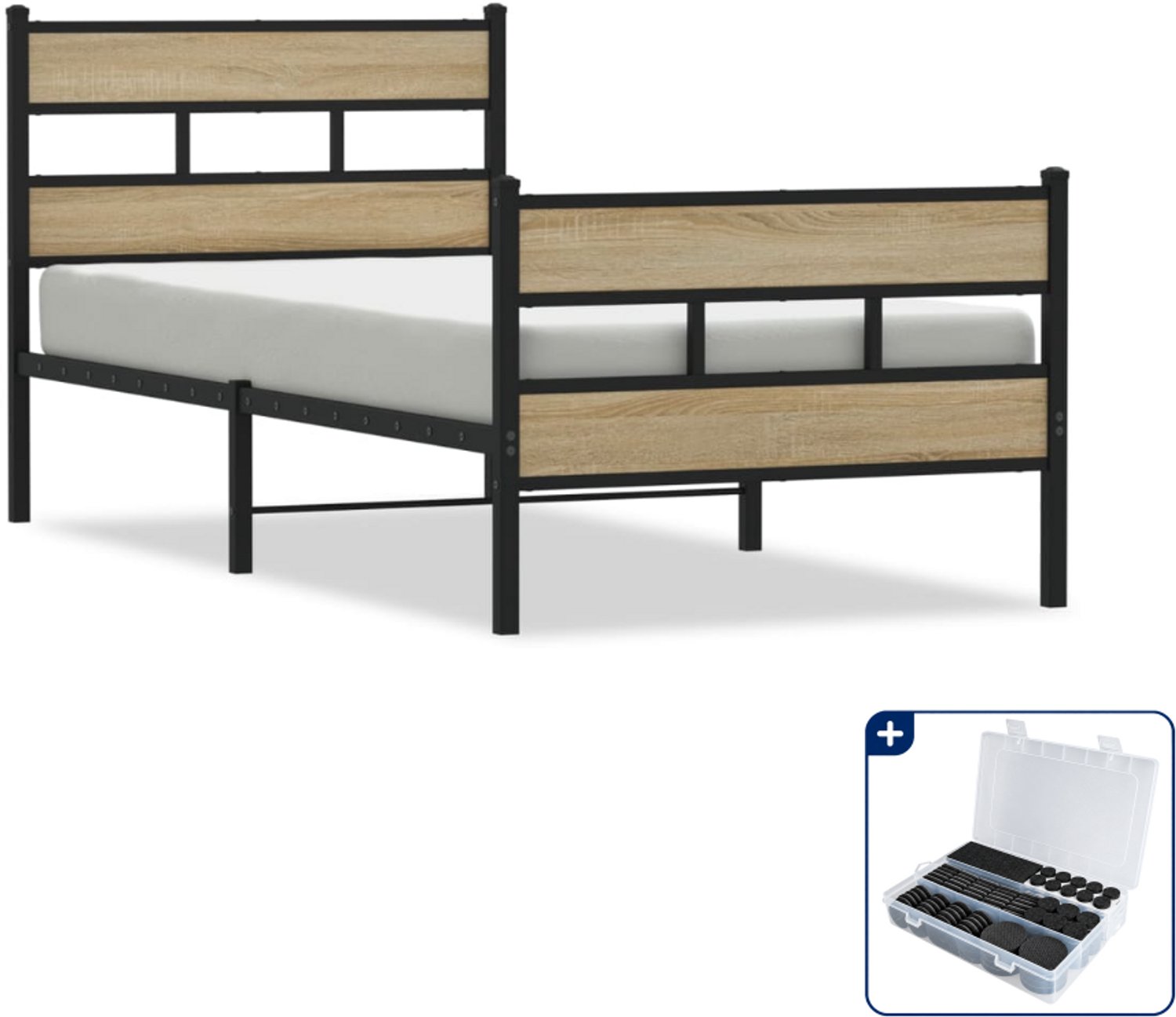 vidaXL bedframe - 80 x 200 cm - zwart en sonoma eiken - Inclusief antikrasvilt 177-delig Bruin