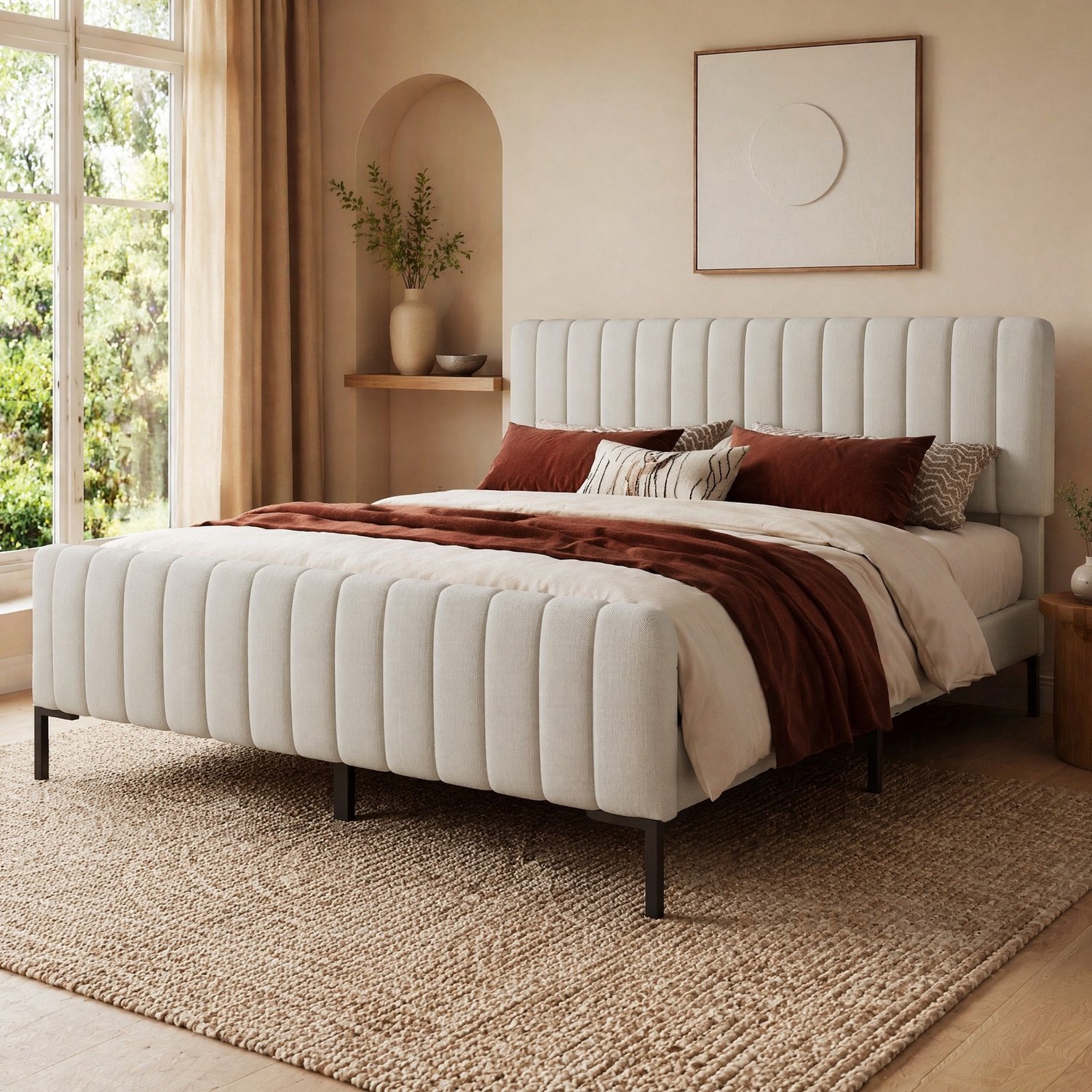 Maisentiel Gestoffeerd tweepersoonsbed 160 x 200 cm met verstelbaar hoofdeinde en lattenbodem - grijs-beige
