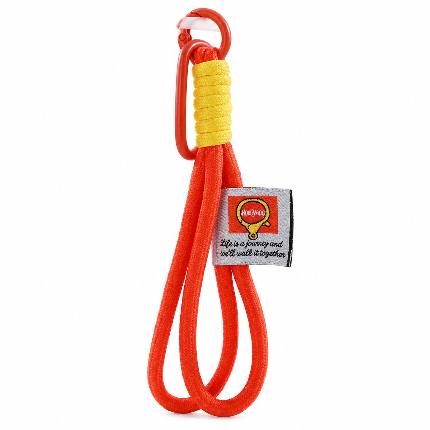 Sleutelhanger met handgemaakt gevlochten polskoord van polyester, koraal met gele omwikkeling, clip en ring
