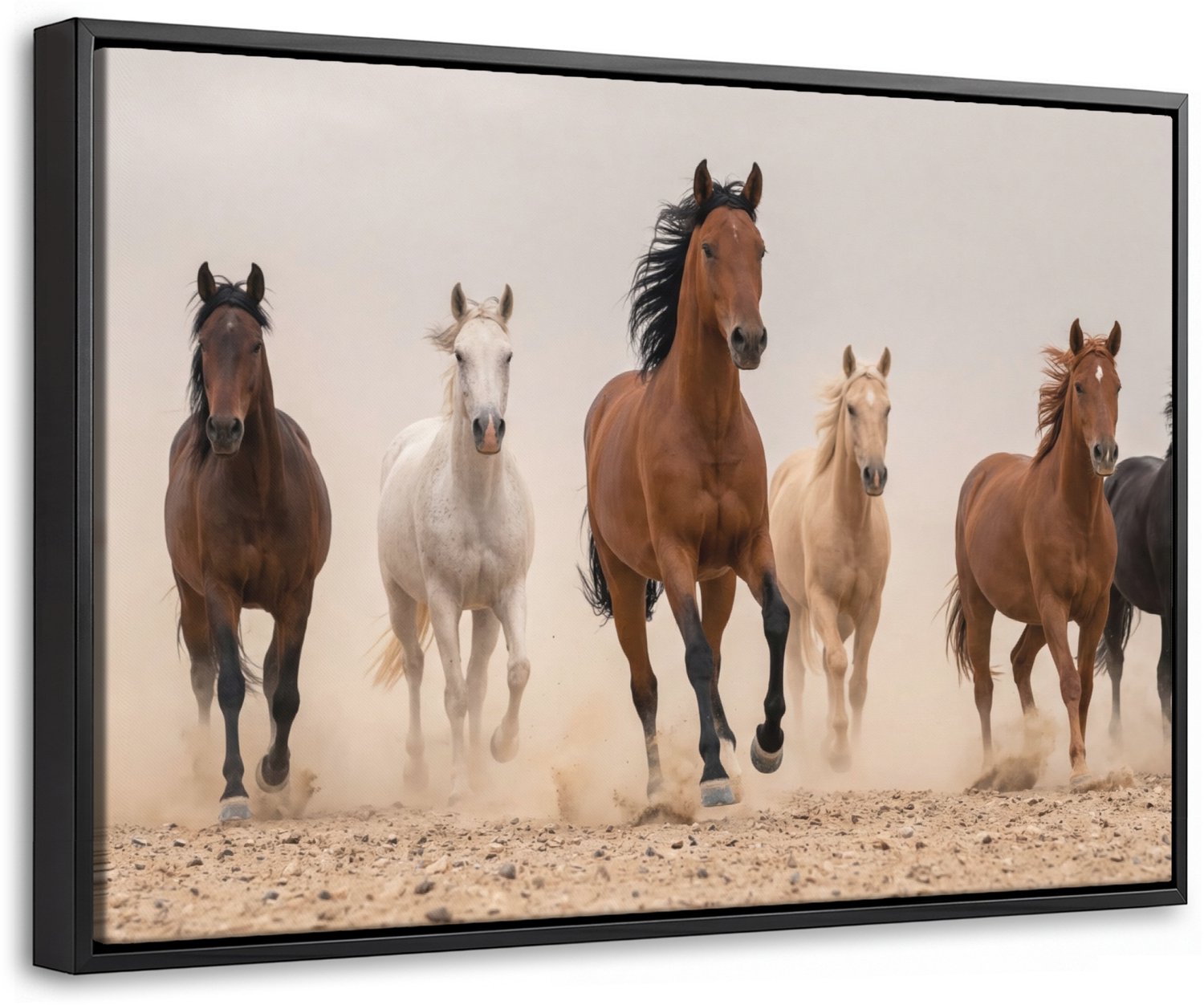 Canvas Schilderij met Baklijst 60x40cm - Kudde paarden - Stofwolk - Bruin - Zwart - Muurdecoratie woonkamer - Slaapkamer decoratie - Kamer accessoires - Schilderijen op canvas met lijst