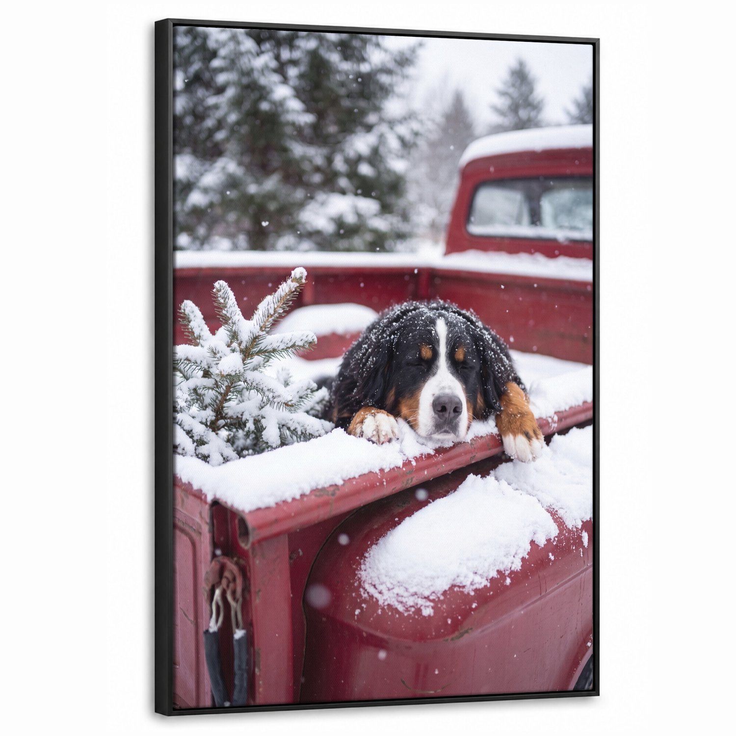 Canvas Schilderij met Baklijst 60x90cm - Hond - Rode vrachtwagen - Muurdecoratie woonkamer - Slaapkamer decoratie - Kamer accessoires - Schilderijen op canvas met lijst