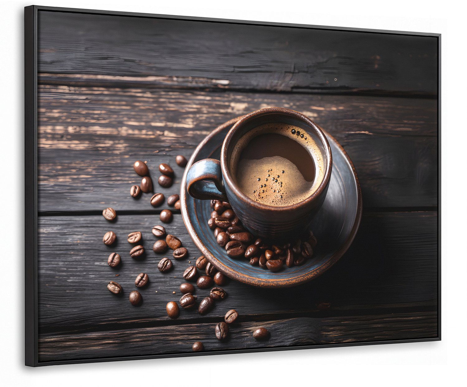Canvas Schilderij met Baklijst 80x60cm - Kop - Koffie - Hout - Bonen - Muurdecoratie woonkamer - Slaapkamer decoratie - Kamer accessoires - Schilderijen op canvas met lijst