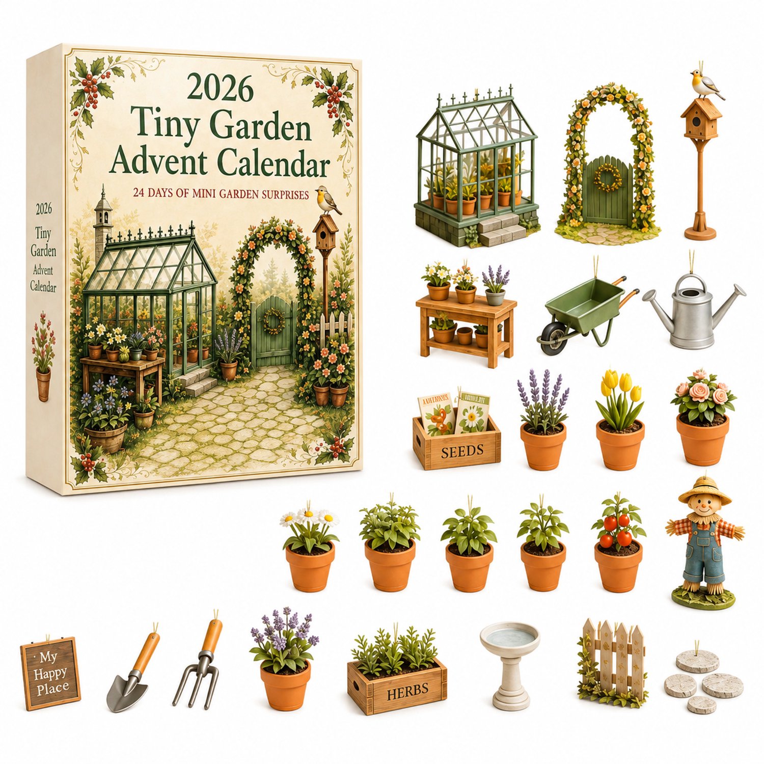 SWGOTA Adventskalender 2026 met 24 miniatuurhangdecoraties - Tuinderskas en tuinthema - Verpakking 26 x 18 x 3 cm Meerkleurig