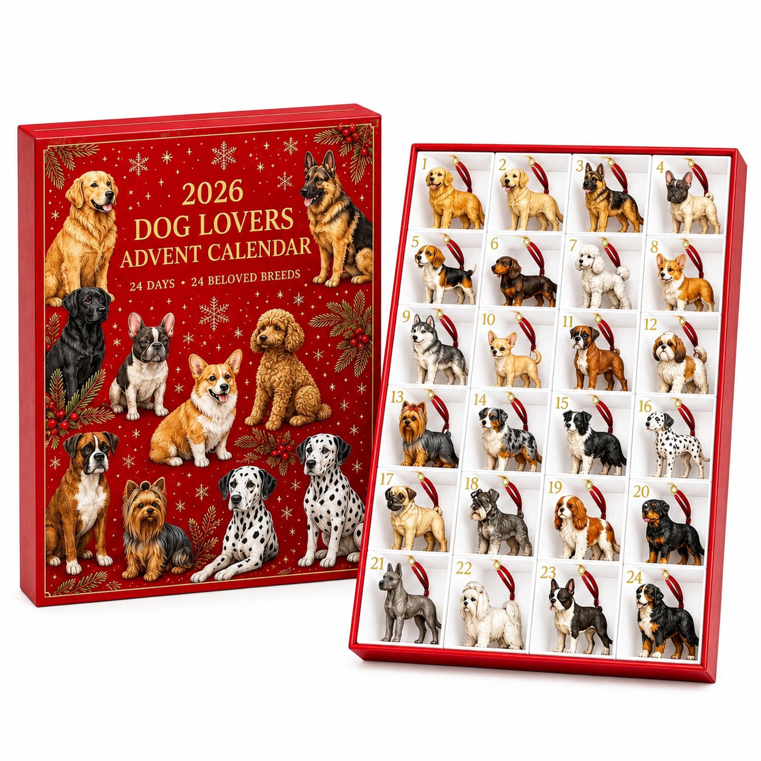 Honden-adventskalender 2026 met 24 hangdecoraties, genummerde vakken en rode kerstdoos, 26 x 18 x 3 cm