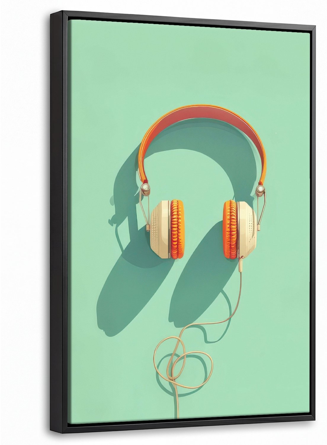 Canvas Schilderij met Baklijst 40x60cm - Koptelefoon - Oranje - Snoer - Minimalistisch - Muurdecoratie woonkamer - Slaapkamer decoratie - Kamer accessoires - Schilderijen op canvas met lijst