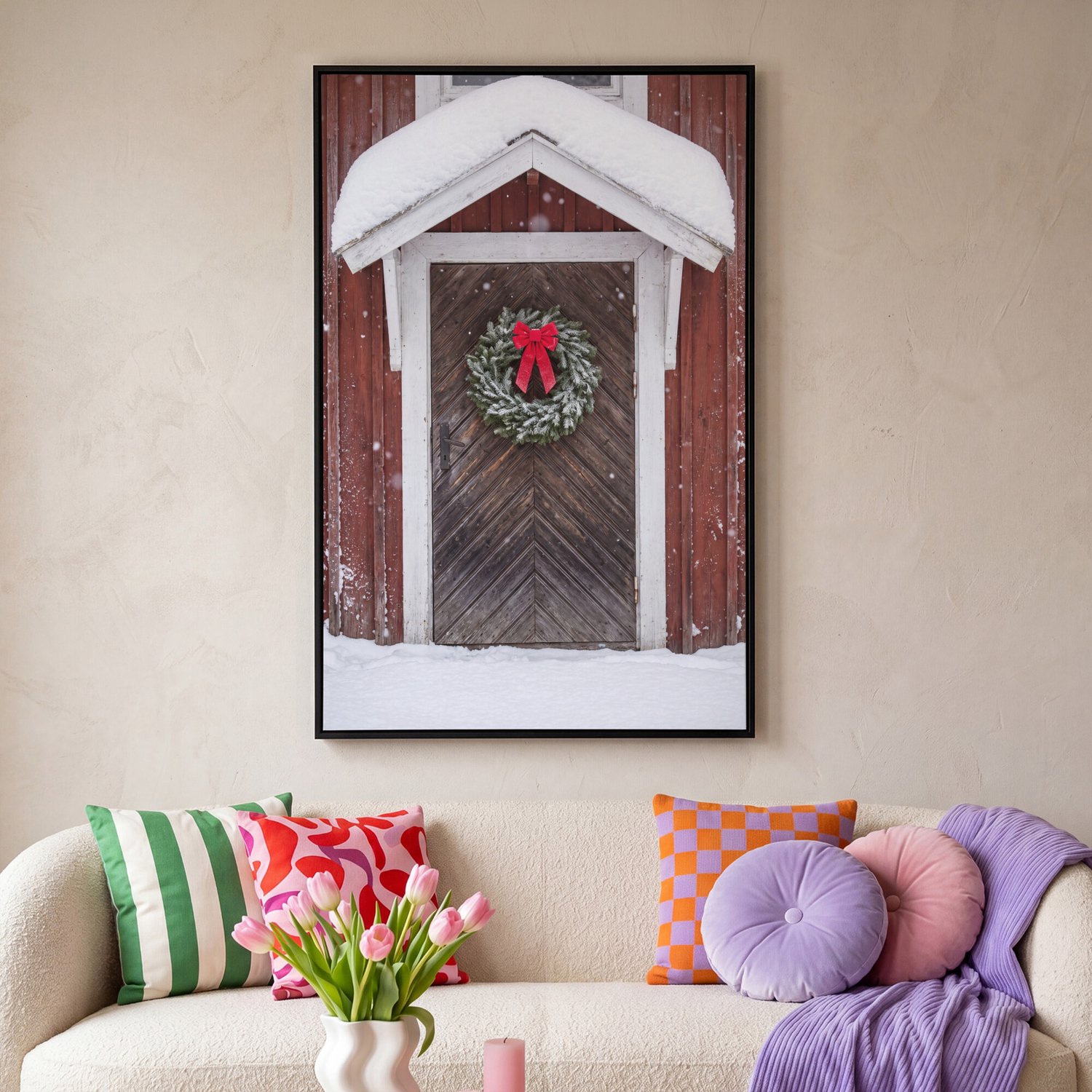 Canvas Schilderij met Baklijst XXL Canvas Schilderij met Baklijst 80x120cm - Deur - Kerstkrans - Winter - Muurdecoratie woonkamer - Slaapkamer decoratie - Kamer accessoires - Schilderijen op canvas met lijst groot – foto 4