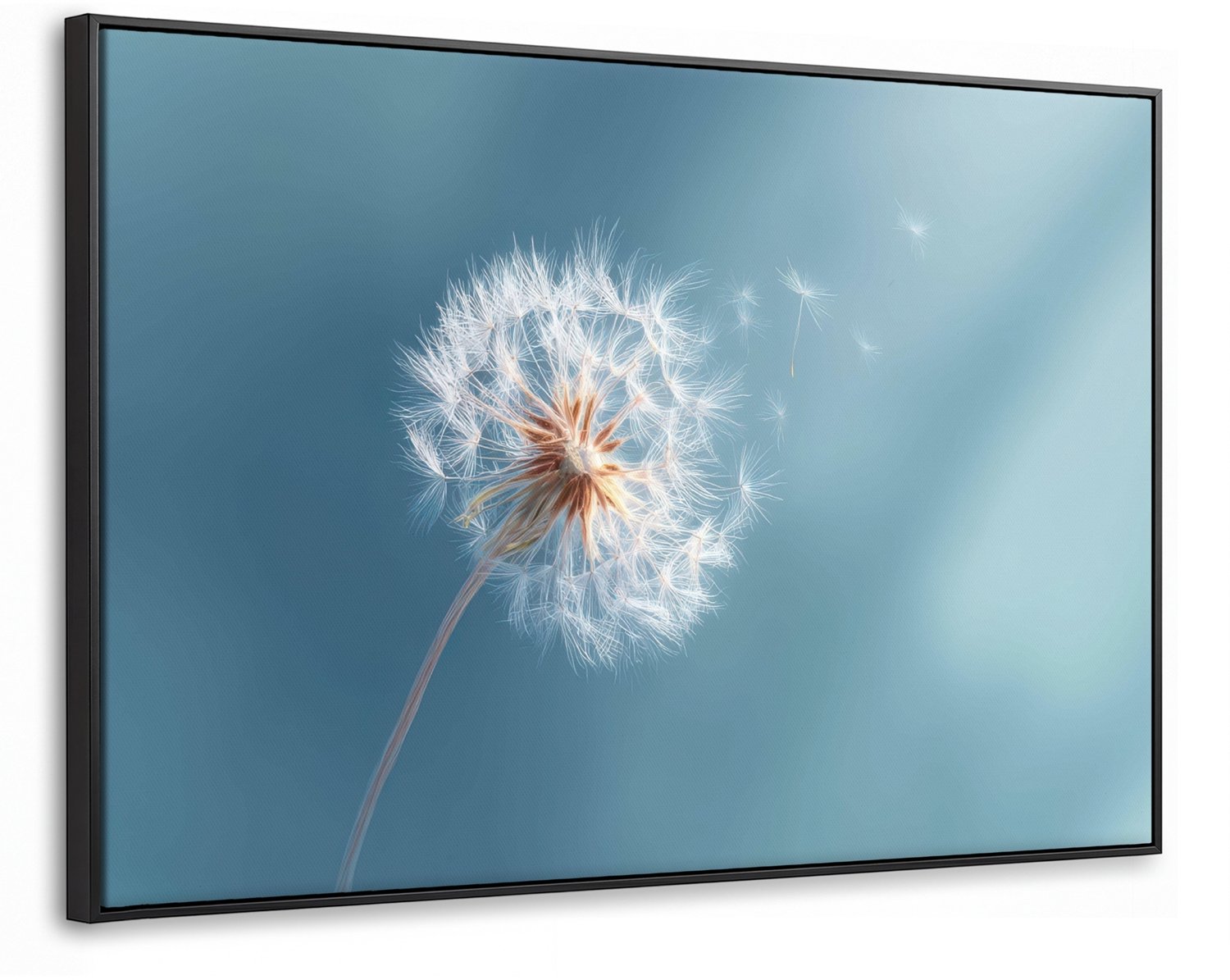 Canvas Schilderij met Baklijst XXL Canvas Schilderij met Baklijst 140x90cm - Paardenbloem - Wind - Blauw - Muurdecoratie woonkamer - Slaapkamer decoratie - Kamer accessoires - Schilderijen op canvas met lijst groot