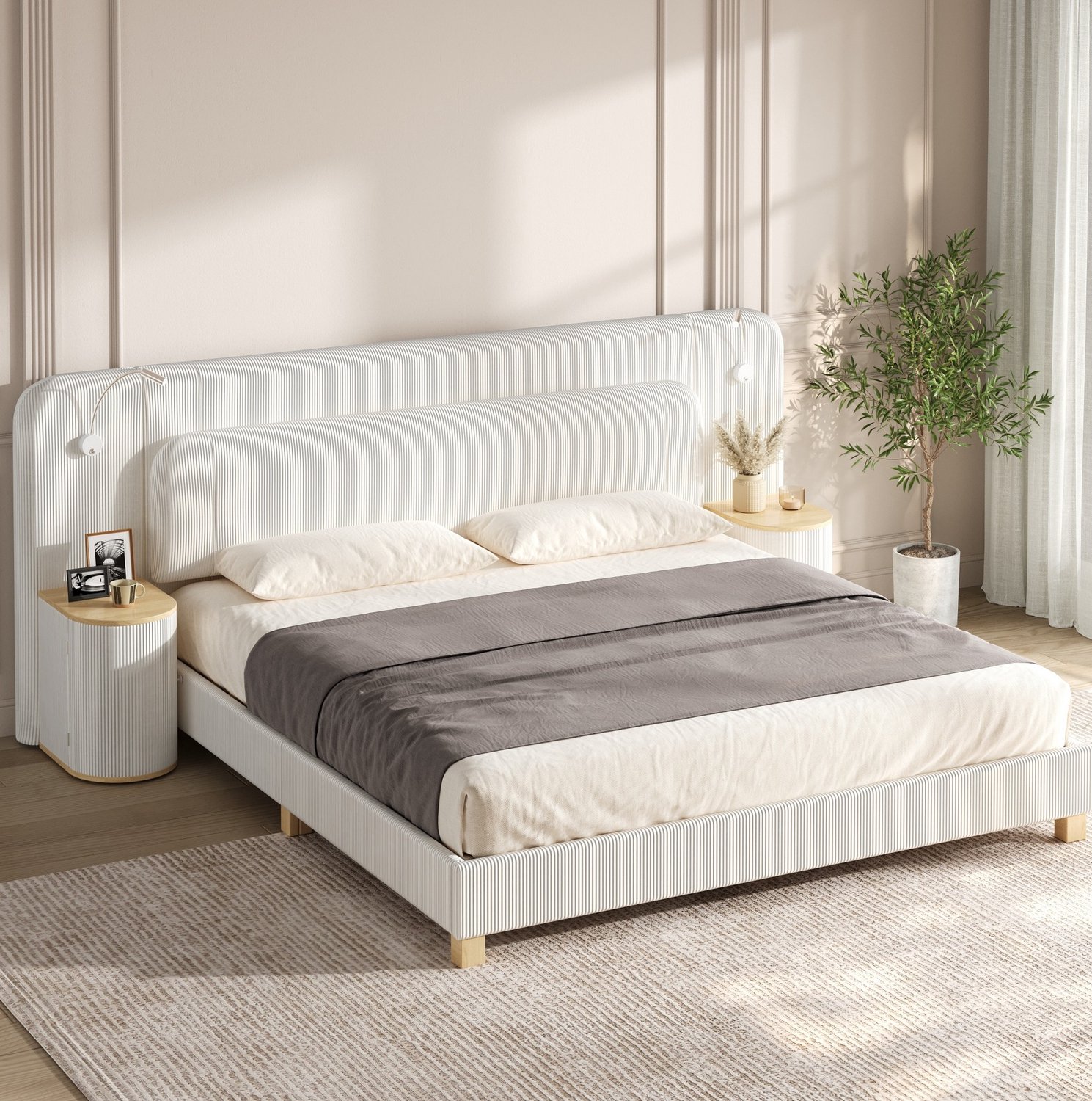 OKWISH Gestoffeerd Tweepersoonsbed 180x200cm - Zacht Ribfluweel - Verlichting aan Beide Zijden - Twee Nachtkastjes - Beige - Zonder matras