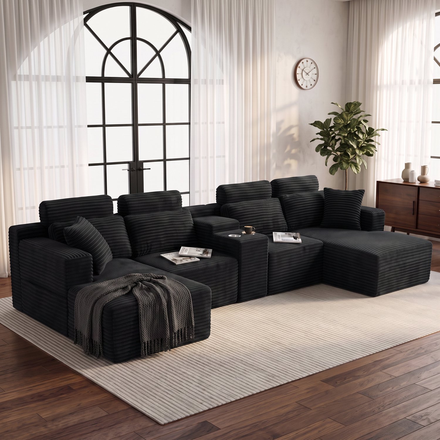 Wishdor U-bank - Modulaire opstelling met losse zitmodules - Dubbele bekerhouders en diepe zit - Brede armleuningen - Modern gestreept corduroy voor de woonkamer - Zwart - 372 x 151 x 80 cm