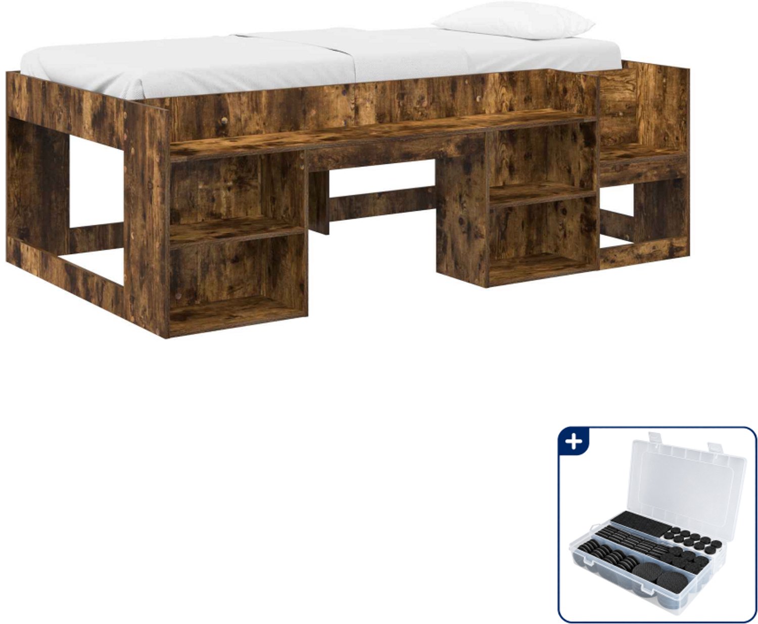 vidaXL jeugd bedframe met opbergruimte - 90 x 200 cm - bewerkt hout - gerookt eiken - Inclusief antikrasvilt 177-delig Bruin