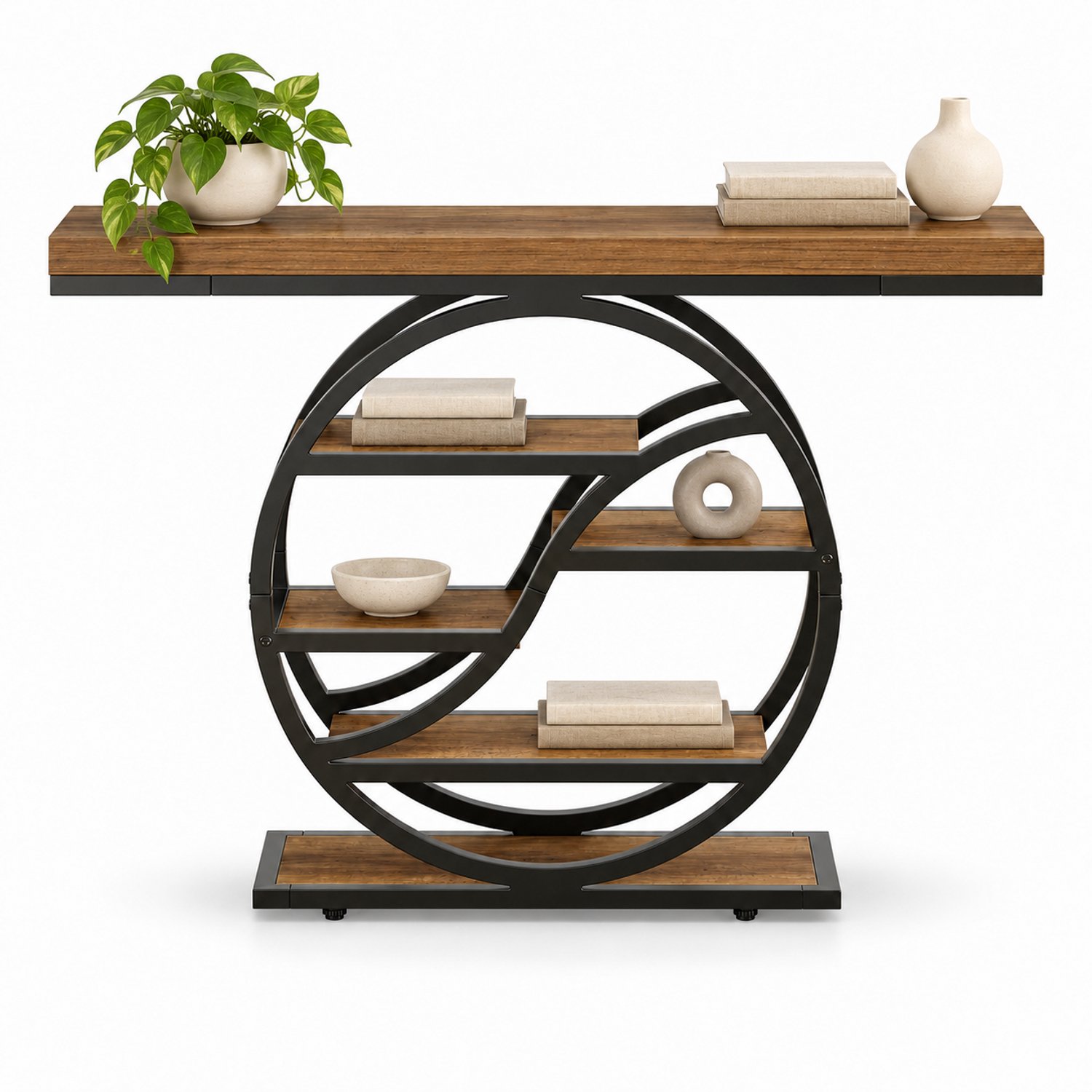 DMG Supply Consoletafel - Rond Metaalframe - 6 Niveaus - 120 x 30 x 88 cm - Bruin en Zwart - Houtmateriaal en Metaal