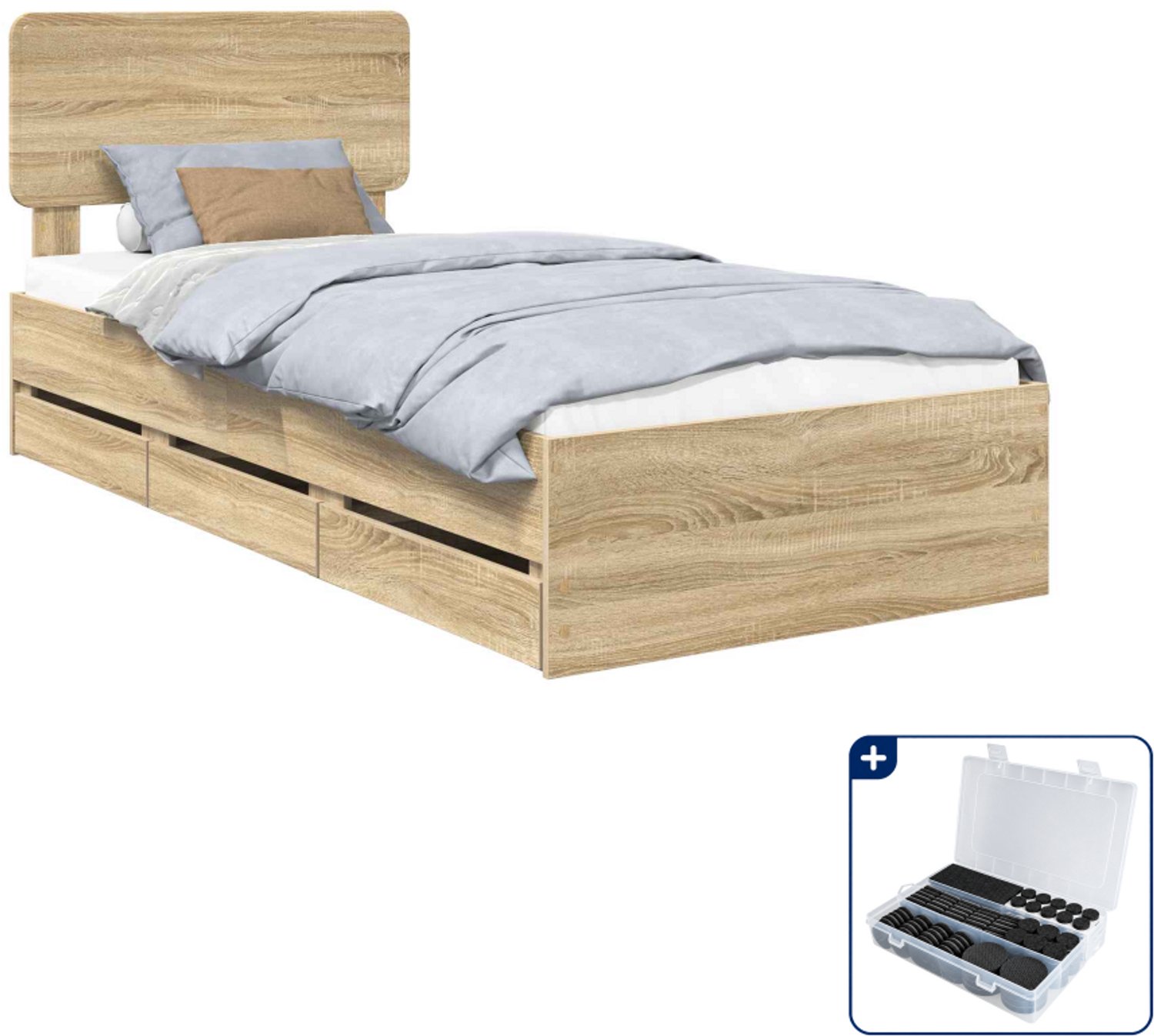 vidaXL bedframe - 75 x 190 cm - bewerkt hout - sonoma eiken - Inclusief antikrasvilt 177-delig Lichtgrijs