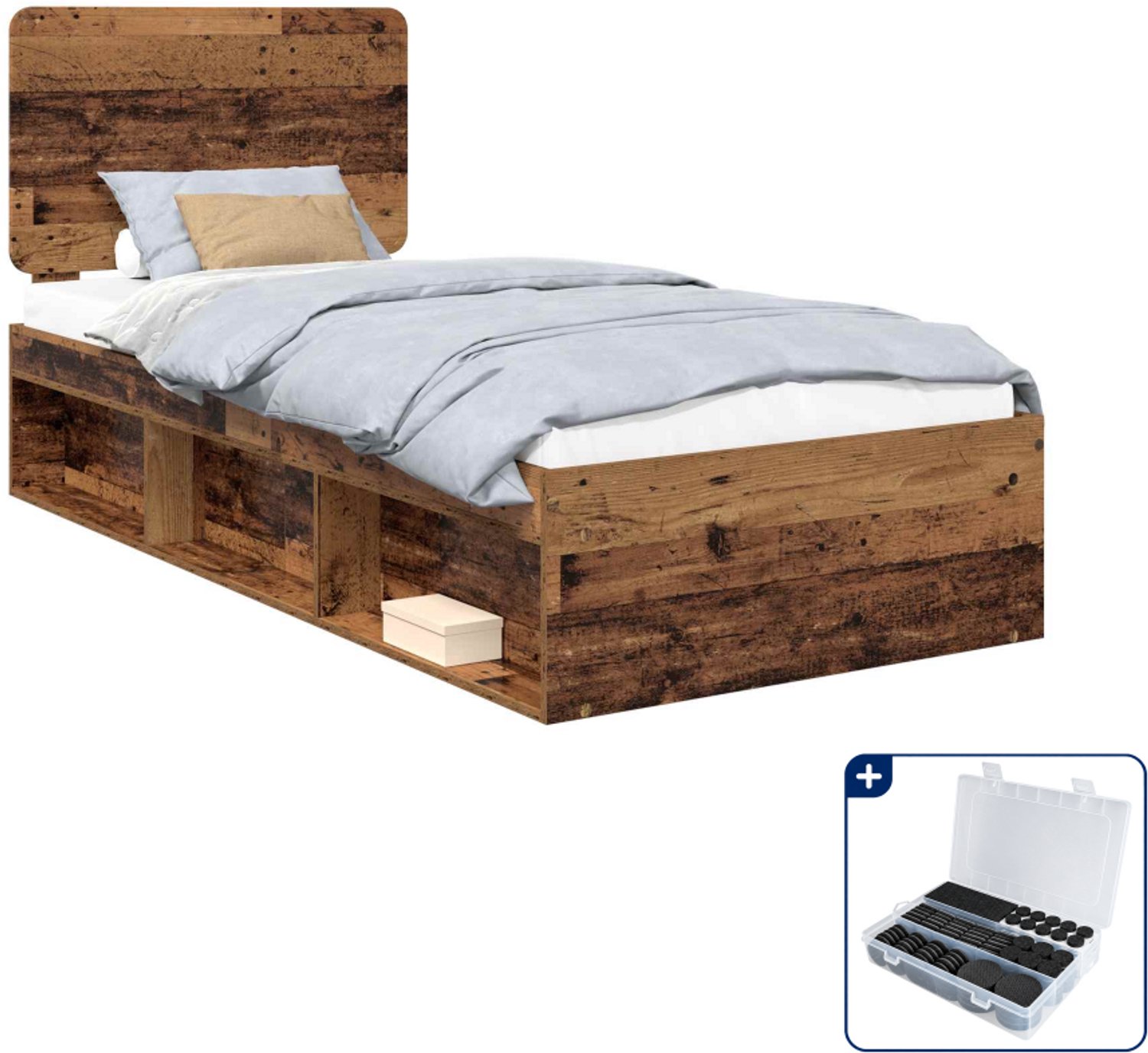 vidaXL bedframe - 100 x 200 cm - bewerkt hout - oudhout - Inclusief antikrasvilt 177-delig lichtgrijs