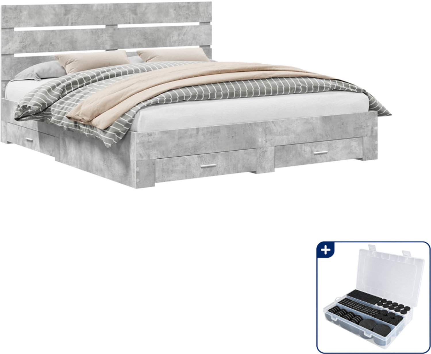 vidaXL Bedframe - Kingsize - 180 x 200 cm - bewerkt hout - beton grijs - Inclusief antikrasvilt 177-delig Bruin