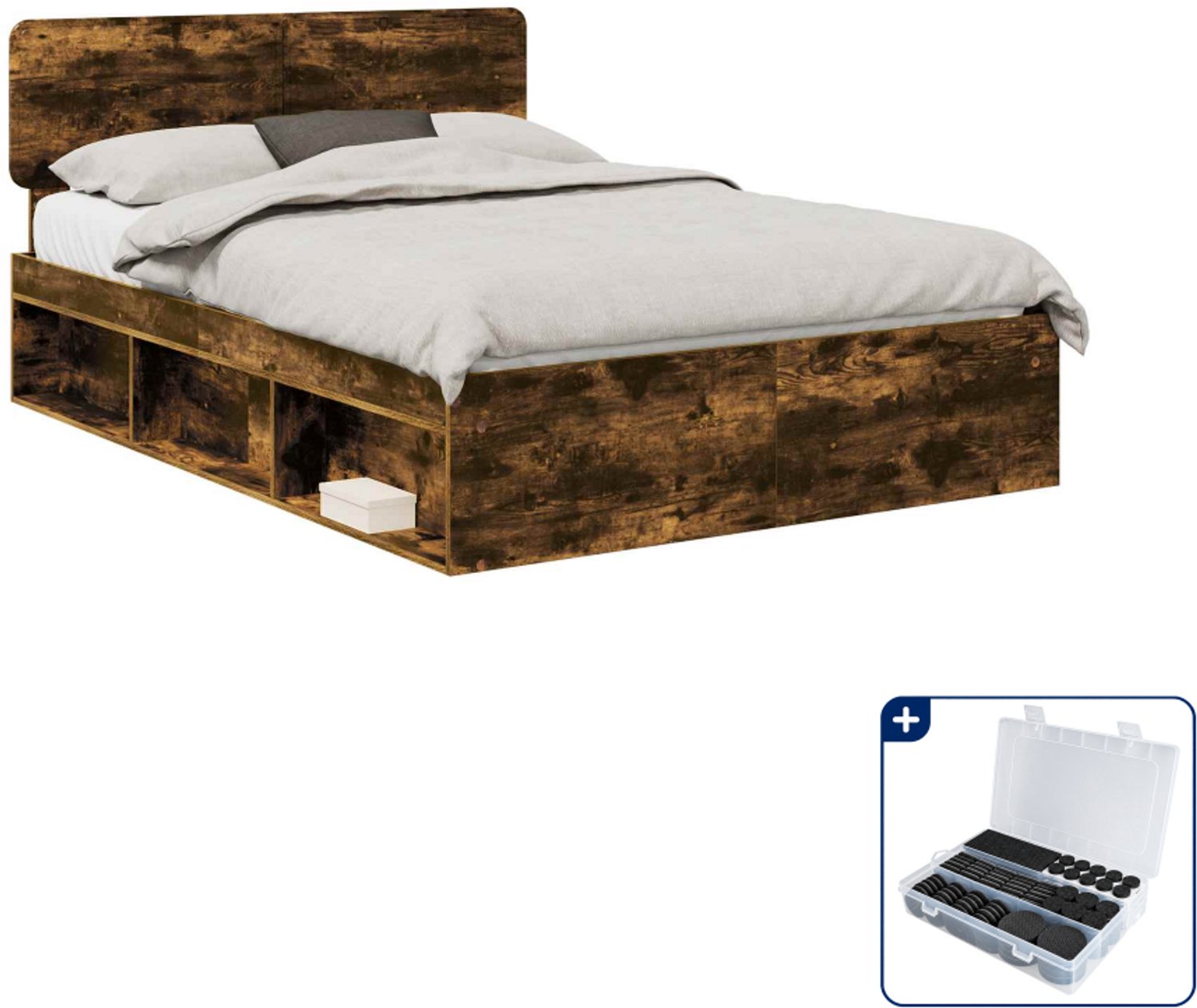 vidaXL Bedframe - 140 x 190 cm - gerookt eiken - Inclusief antikrasvilt 177-delig Bruin