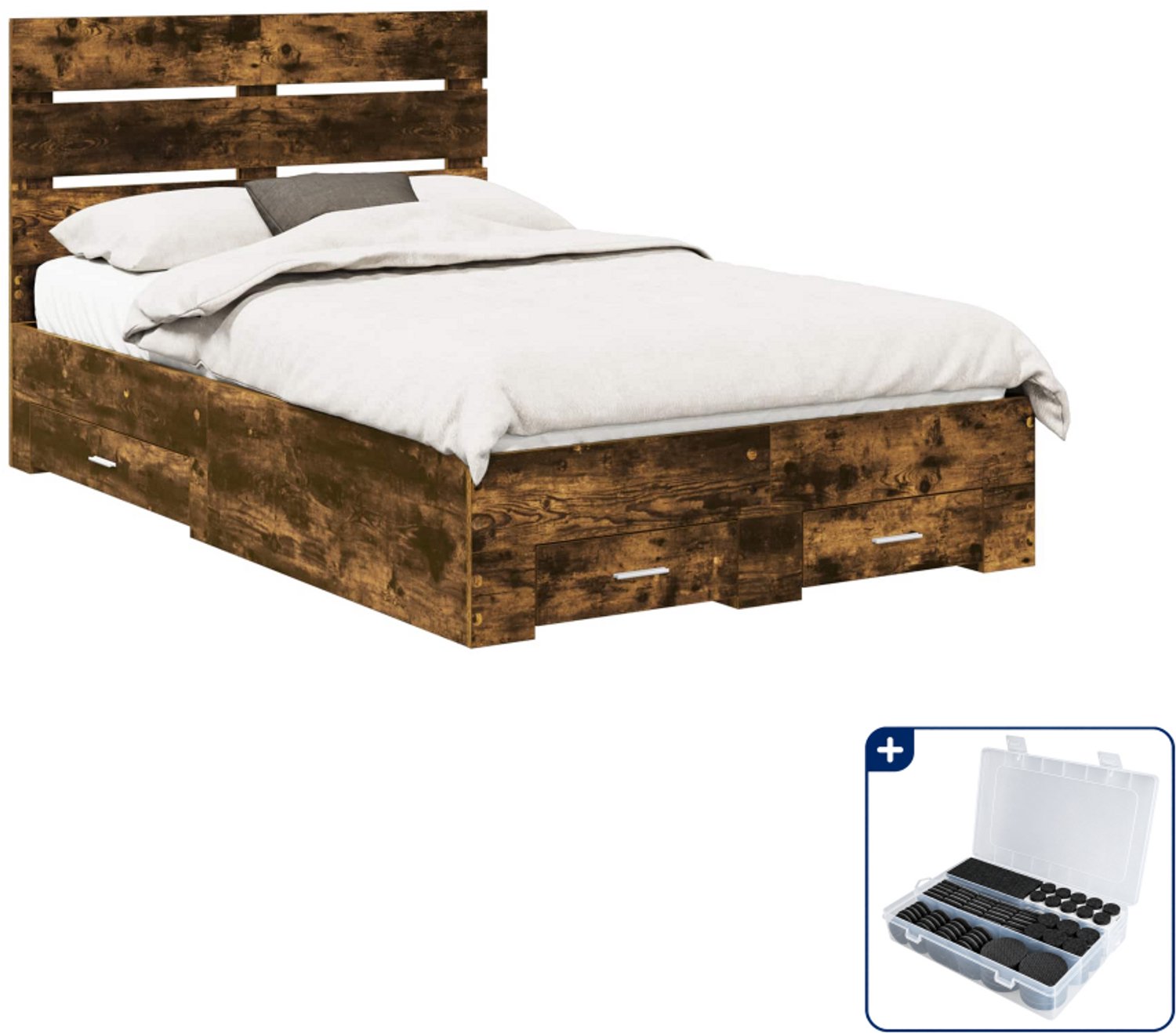 vidaXL Bedframe met lade - 135 x 190 cm - bewerkt hout - gerookt eiken - Inclusief antikrasvilt 177-delig Bruin