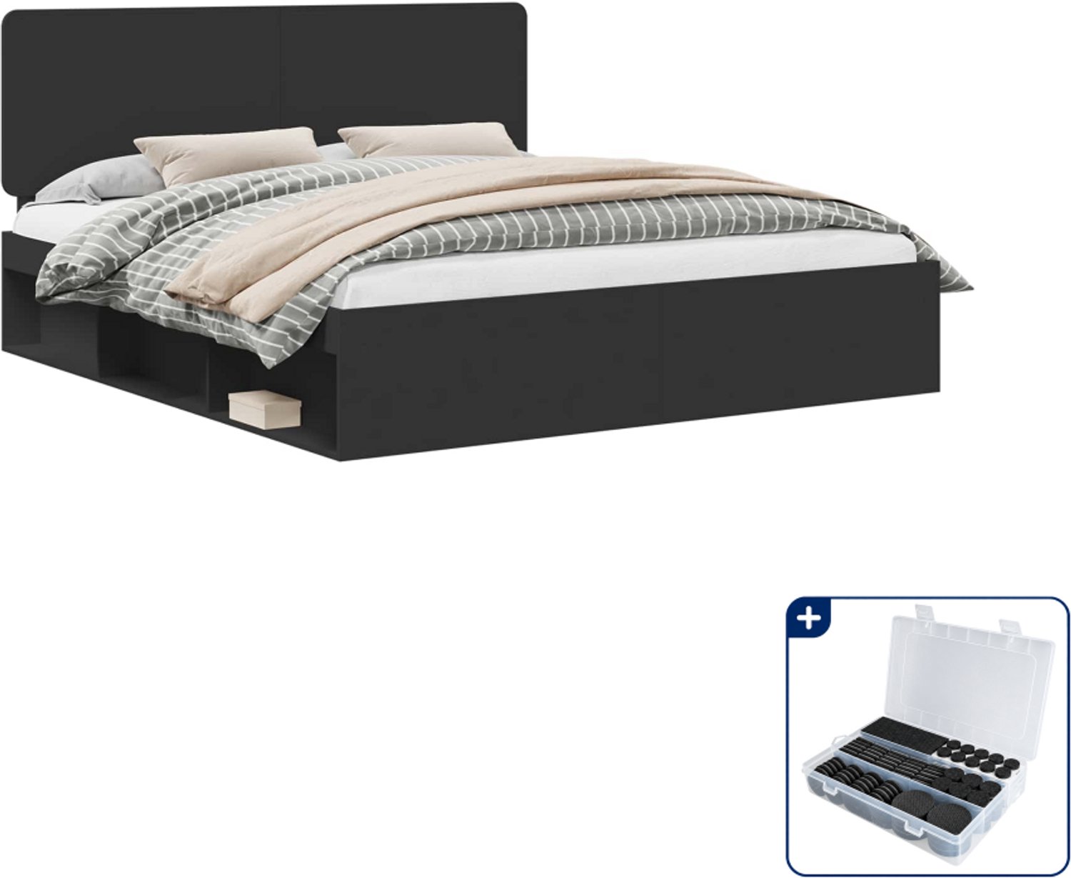 vidaXL bedframe Kingsize - 180 x 200 cm - bewerkt hout - zwart - Inclusief antikrasvilt 177-delig Lichtgrijs