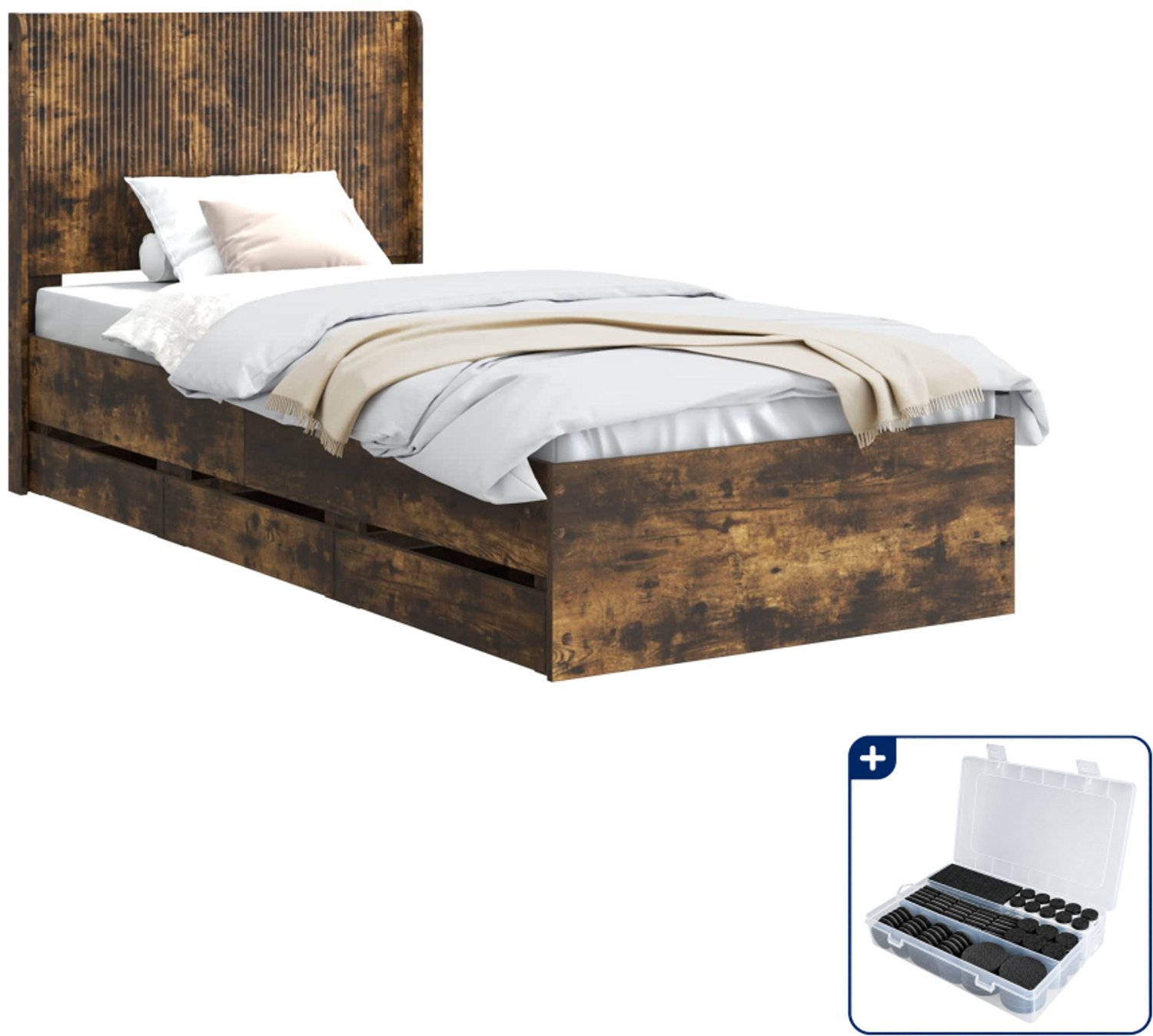 vidaXL bedframe met opbergruimte - 193 x 97 x 100 cm - bewerkt hout - gerookt eiken - Inclusief antikrasvilt 177-delig Bruin