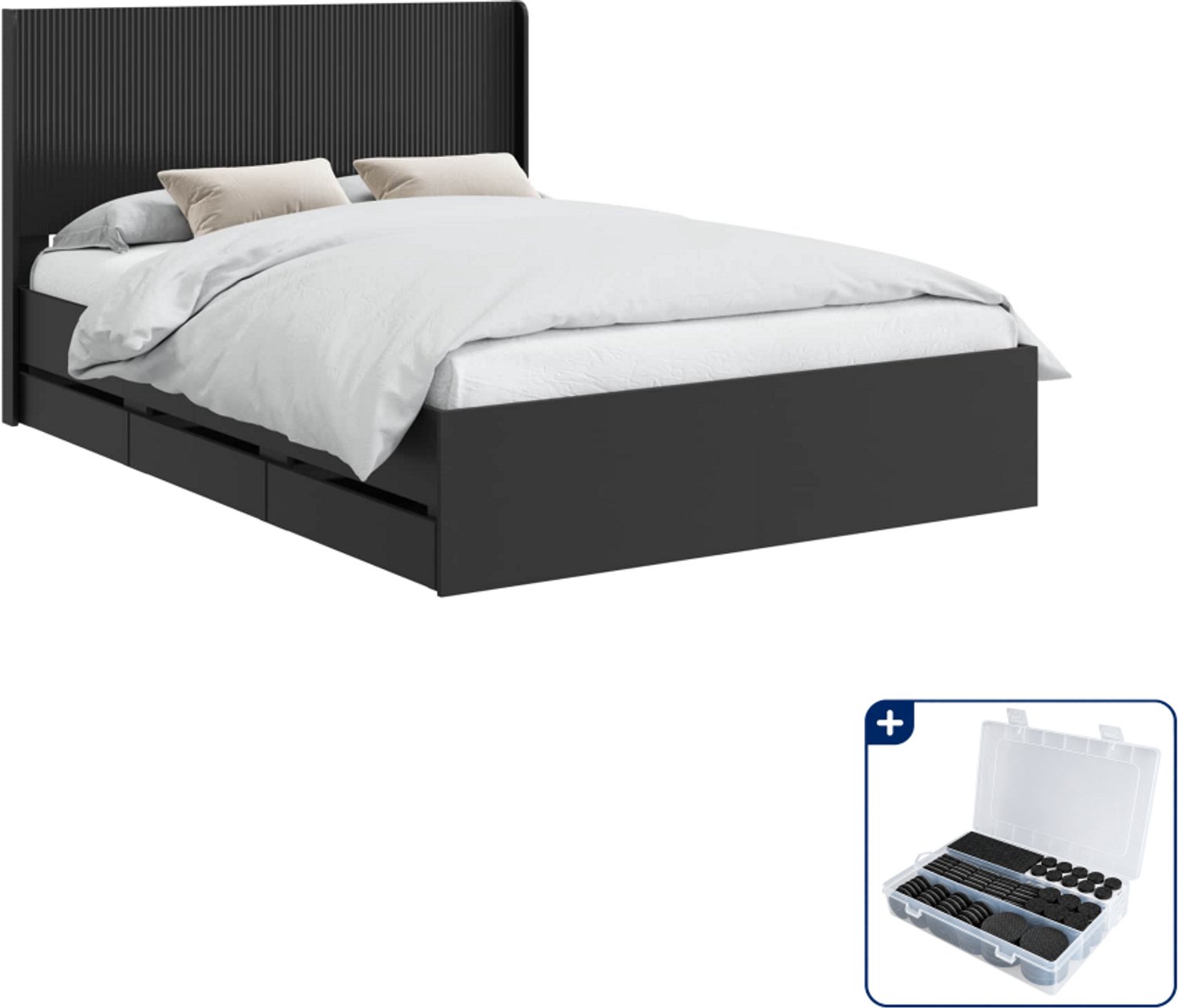 vidaXL bedframe met opbergruimte 140 x 190 cm - bewerkt hout - zwart - Inclusief antikrasvilt 177-delig