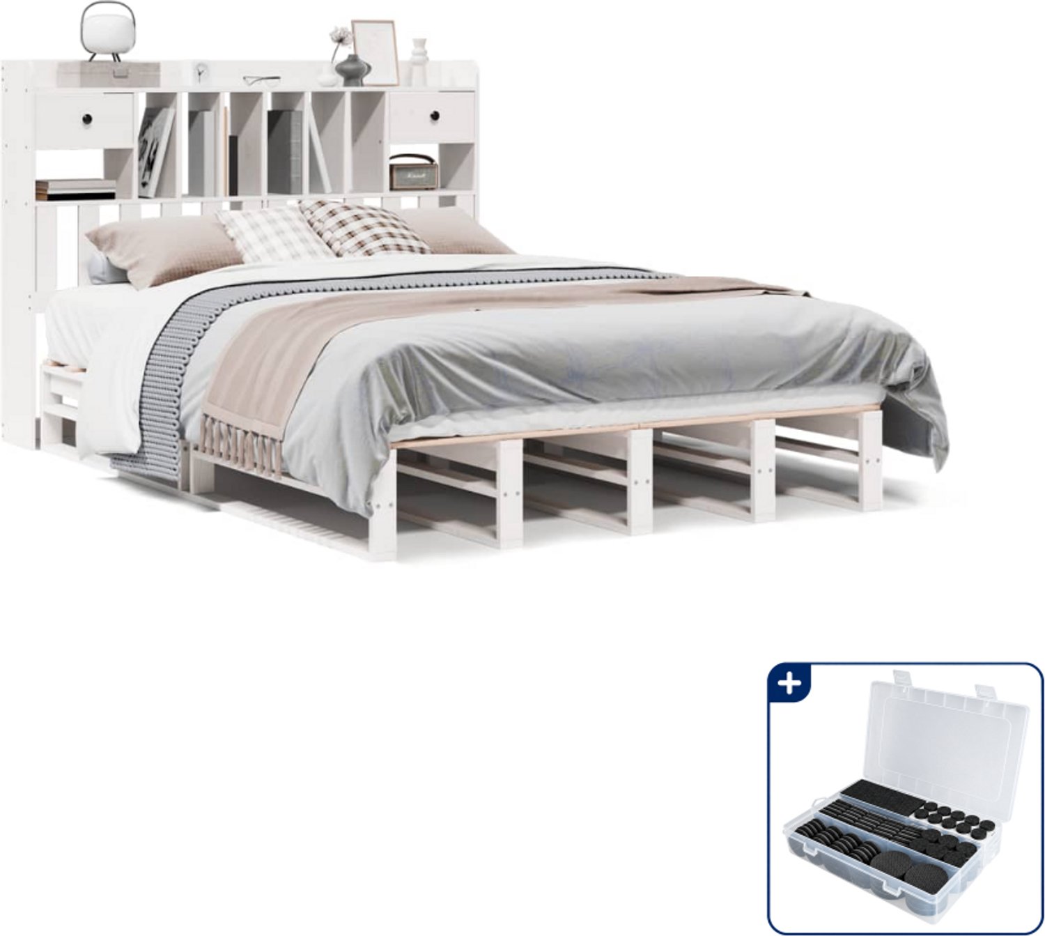 vidaXL bed met boekenkast - Small double - 140 x 200 cm - wit - Inclusief antikrasvilt 177-delig