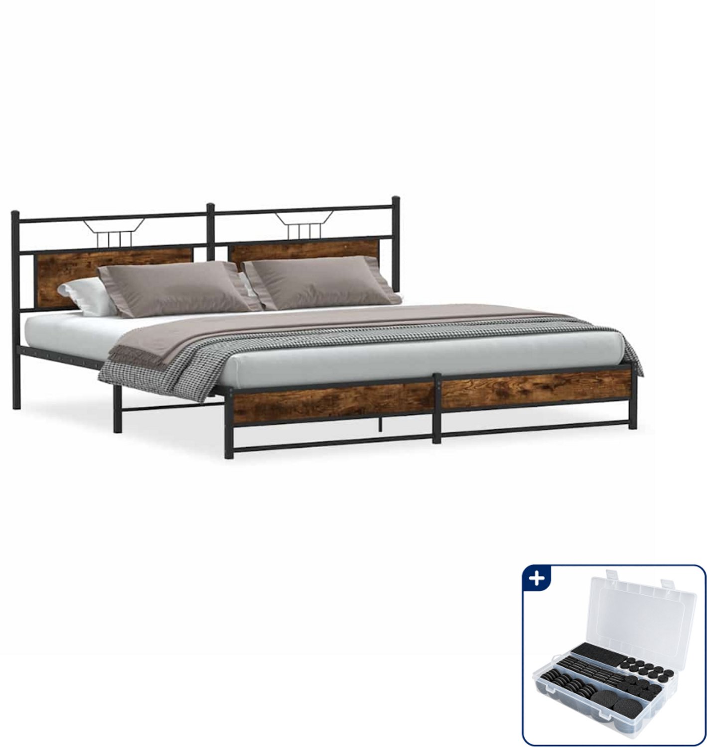 vidaXL bedframe - 193 x 203 cm - staal en bewerkt hout - gerookt eiken - Inclusief antikrasvilt 177-delig Bruin