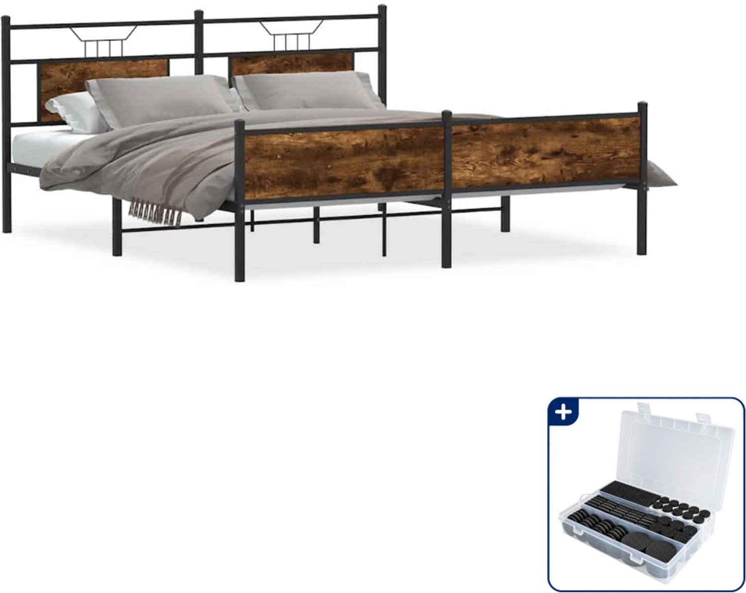 vidaXL Bedframe - Kingsize - 180 x 200 cm - gerookt eiken - Inclusief antikrasvilt 177-delig Zwart