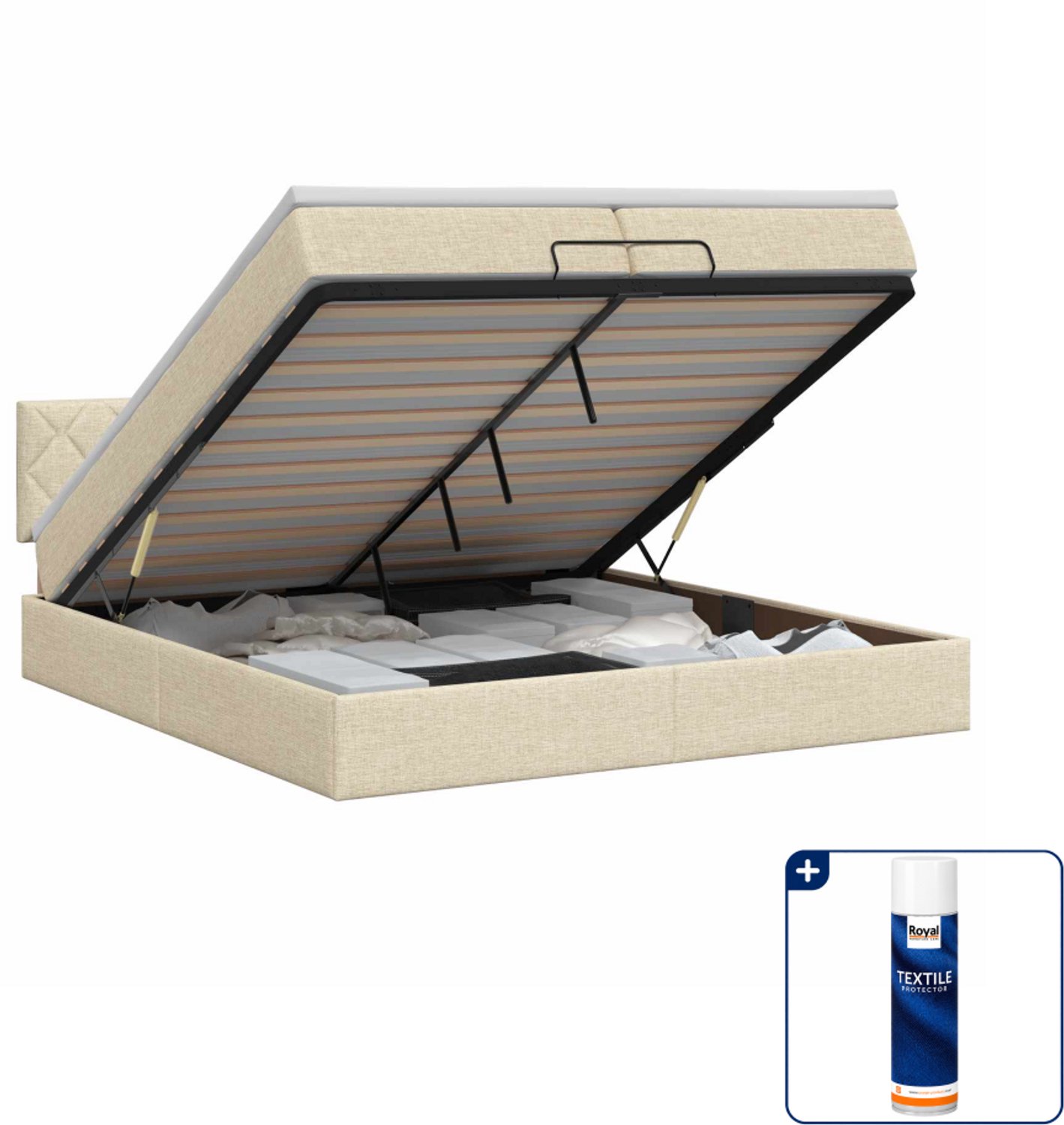 vidaXL Ottoman bed met matras - Super kingsize - 200 x 200 cm - Crème - Inclusief textielbeschermer 500 ml