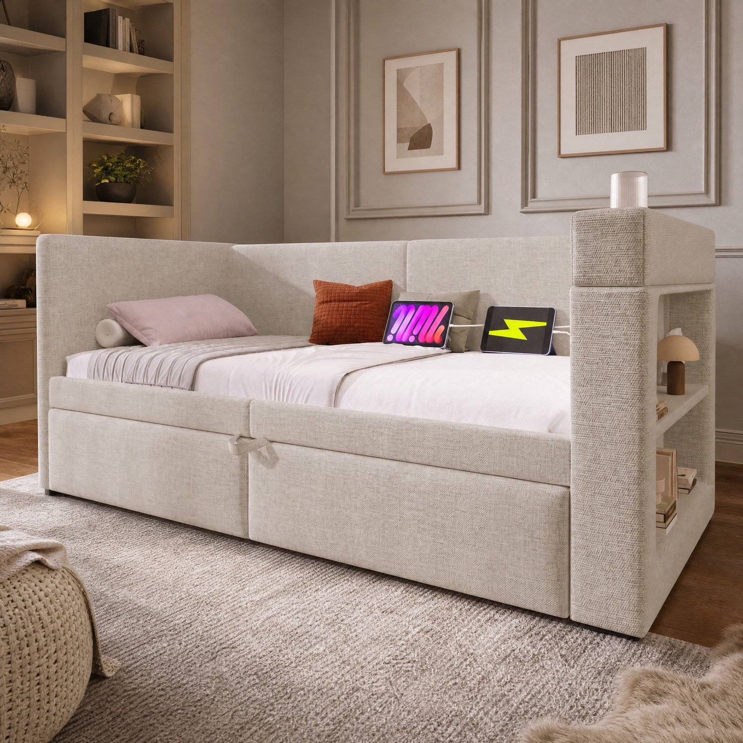 Maisentiel Beige slaapbank met uitschuifbed 90 x 200 cm - USB-C en bekerhouders - zonder matras