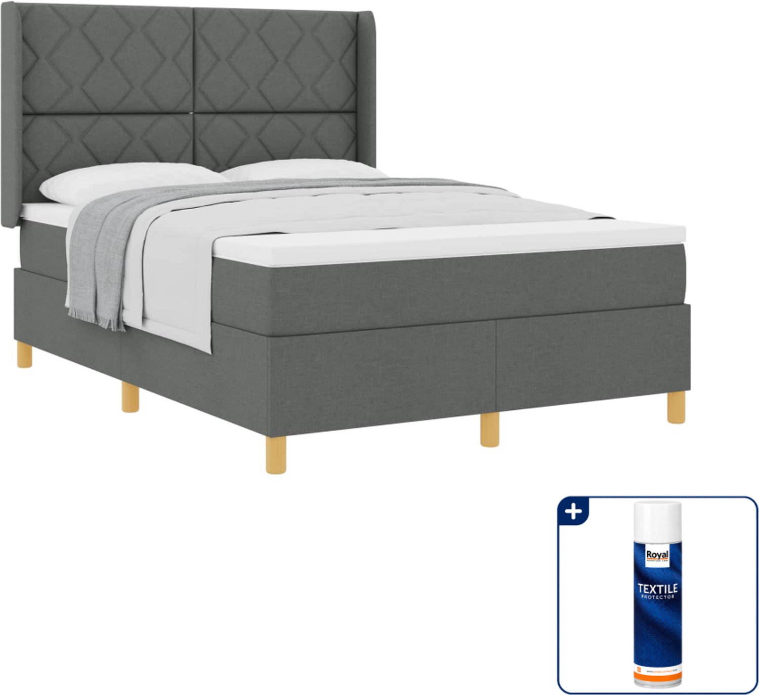 vidaXL boxspringbed - 140 x 190 cm - donkergrijs - Inclusief textielbeschermer 500 ml