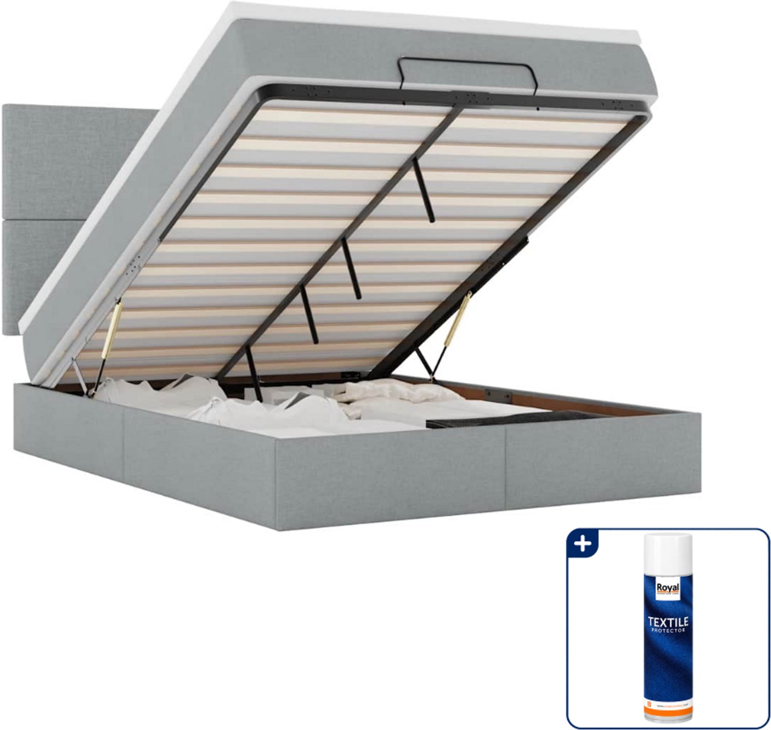 vidaXL ottoman bed met matras - 140 x 190 cm - stof - lichtgrijs - Inclusief textielbeschermer 500 ml Blauw