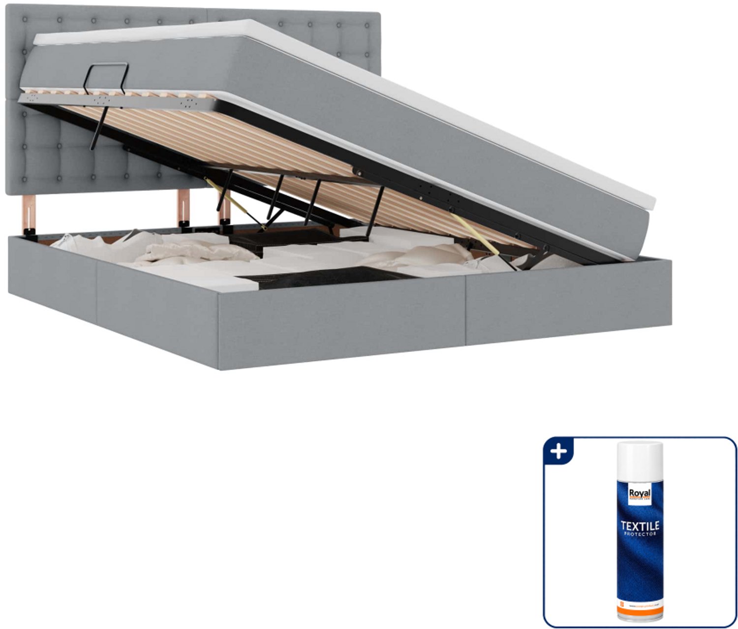 vidaXL opbergbed met matras - Queensize - 160 x 200 cm - lichtgrijs - Inclusief textielbeschermer 500 ml Bruin