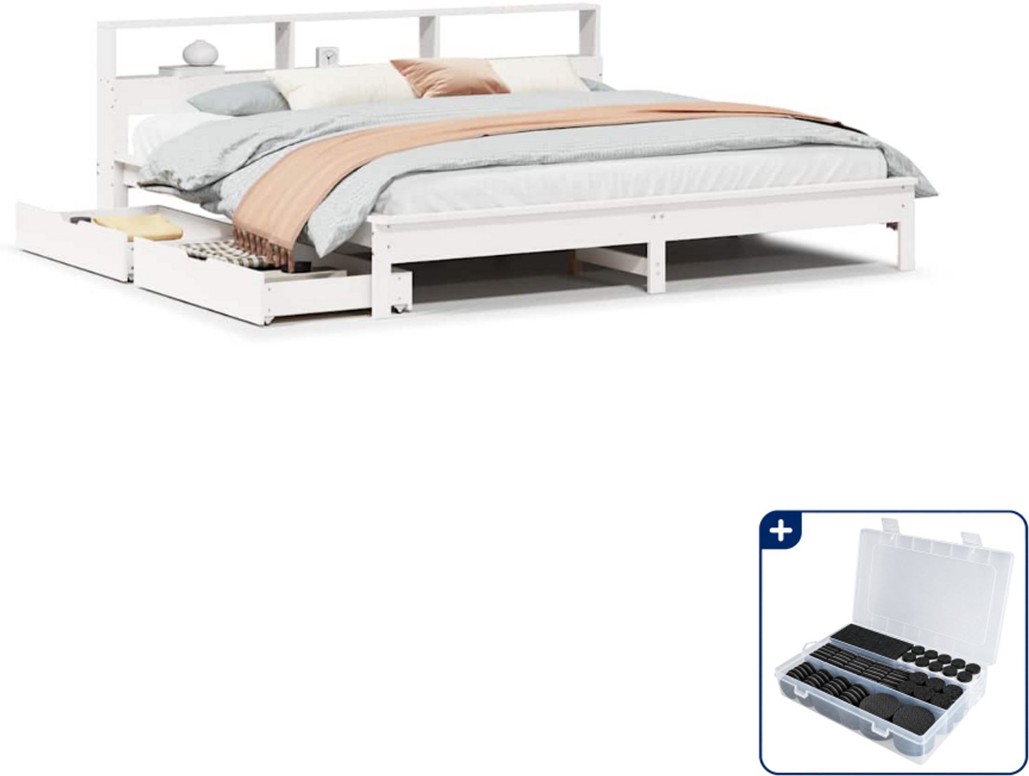 vidaXL bed met boekenkast - 200 x 200 cm - massief grenenhout - wit - Inclusief antikrasvilt 177-delig Crème