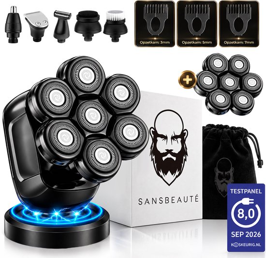 Sansbeauté 6-in-1 scheerapparaat met zeven roterende koppen, opzetstukken, oplaadstandaard en zwart etui.