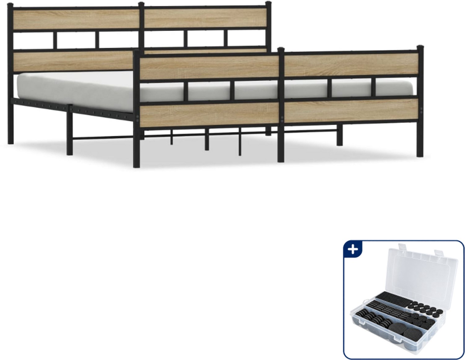 vidaXL bedframe - 200 x 200 cm - staal - sonoma eikenkleur - Inclusief antikrasvilt 177-delig Bruin