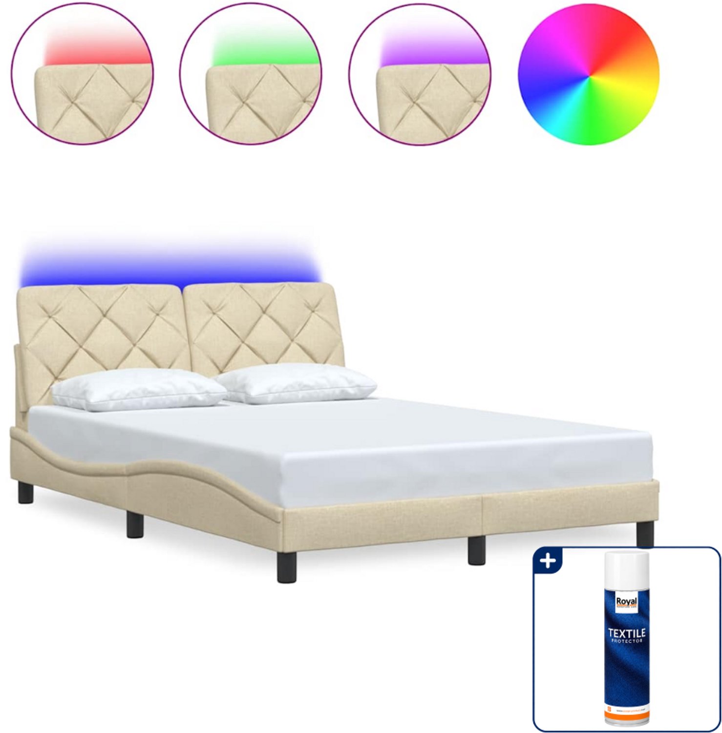 vidaXL bedframe met LED - 140 x 190 cm - stof - crème - Inclusief textielbeschermer 500 ml Blauw