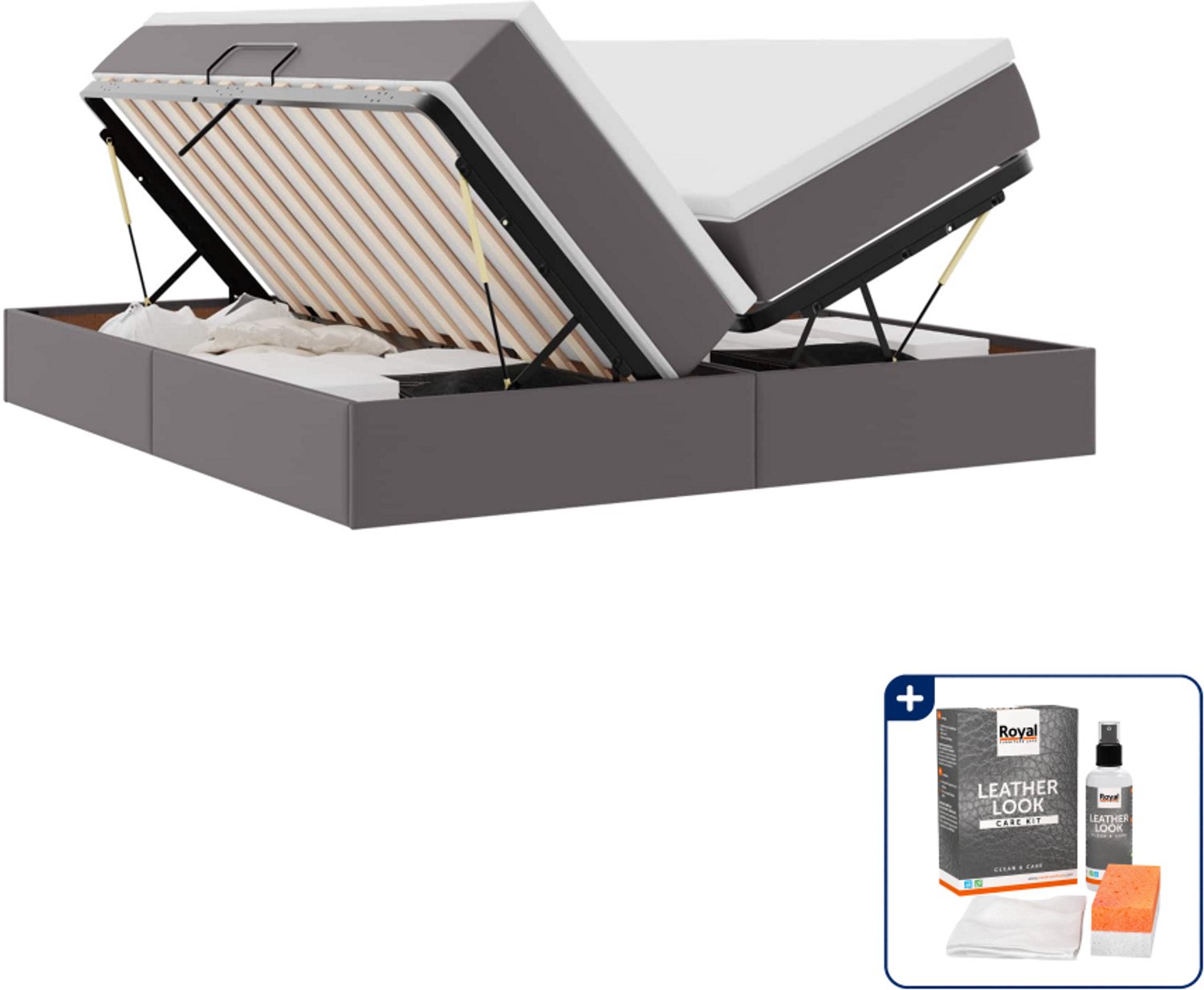 vidaXL Opbergbed met matras - 200 x 200 cm - kunstleer - grijs - Inclusief onderhoudsset voor kunstleer 150 ml Taupe