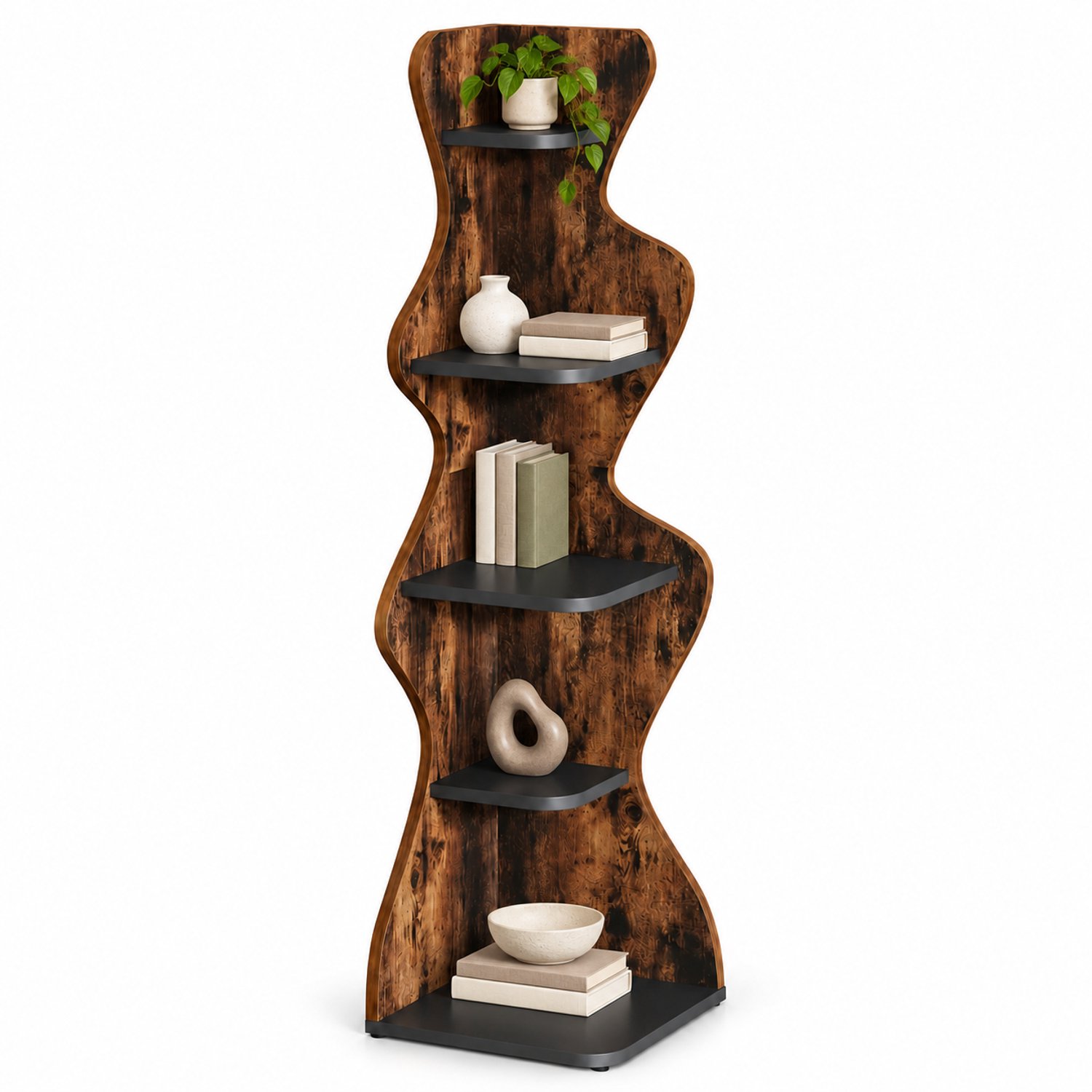 DMG Supply Boekenkast - Smal Hoekrek met 5 Lagen - Open Kast - Bruin/Zwart - 48 x 48 x 175 cm