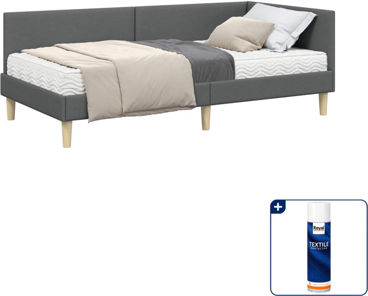 vidaXL hoekbedframe met matras - 80 x 200 cm - stof - donkergrijs - Inclusief textielbeschermer 500 ml Zwart
