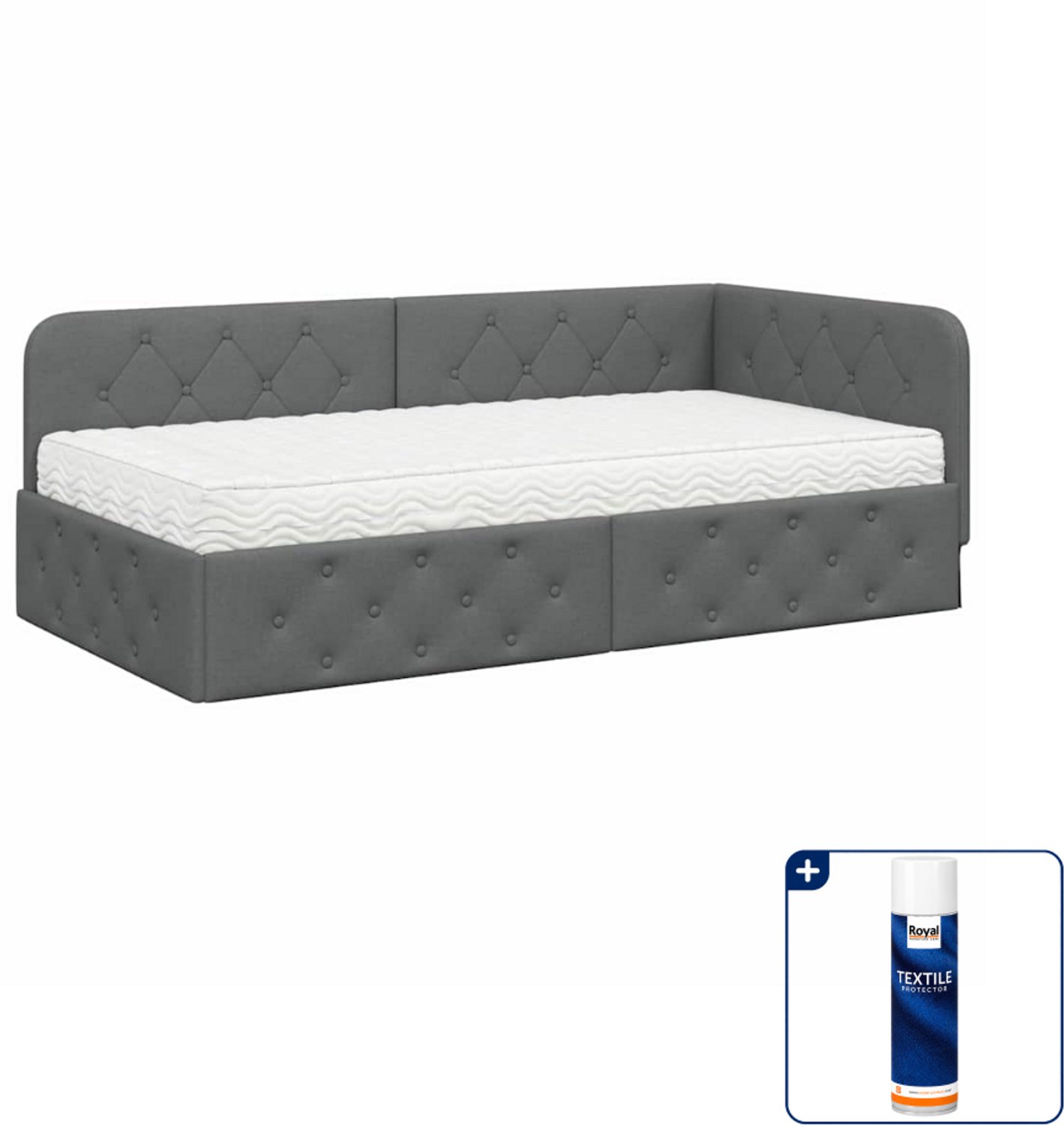 vidaXL hoekbedframe met matras - 90 x 200 cm - stof - donkergrijs - Inclusief textielbeschermer 500 ml Zwart