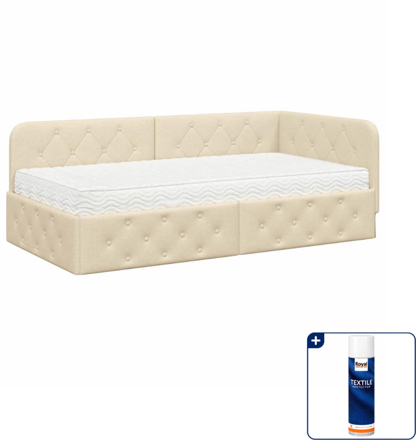vidaXL hoekbedframe met matras - 90 x 200 cm - stof - crème - Inclusief textielbeschermer 500 ml Zwart