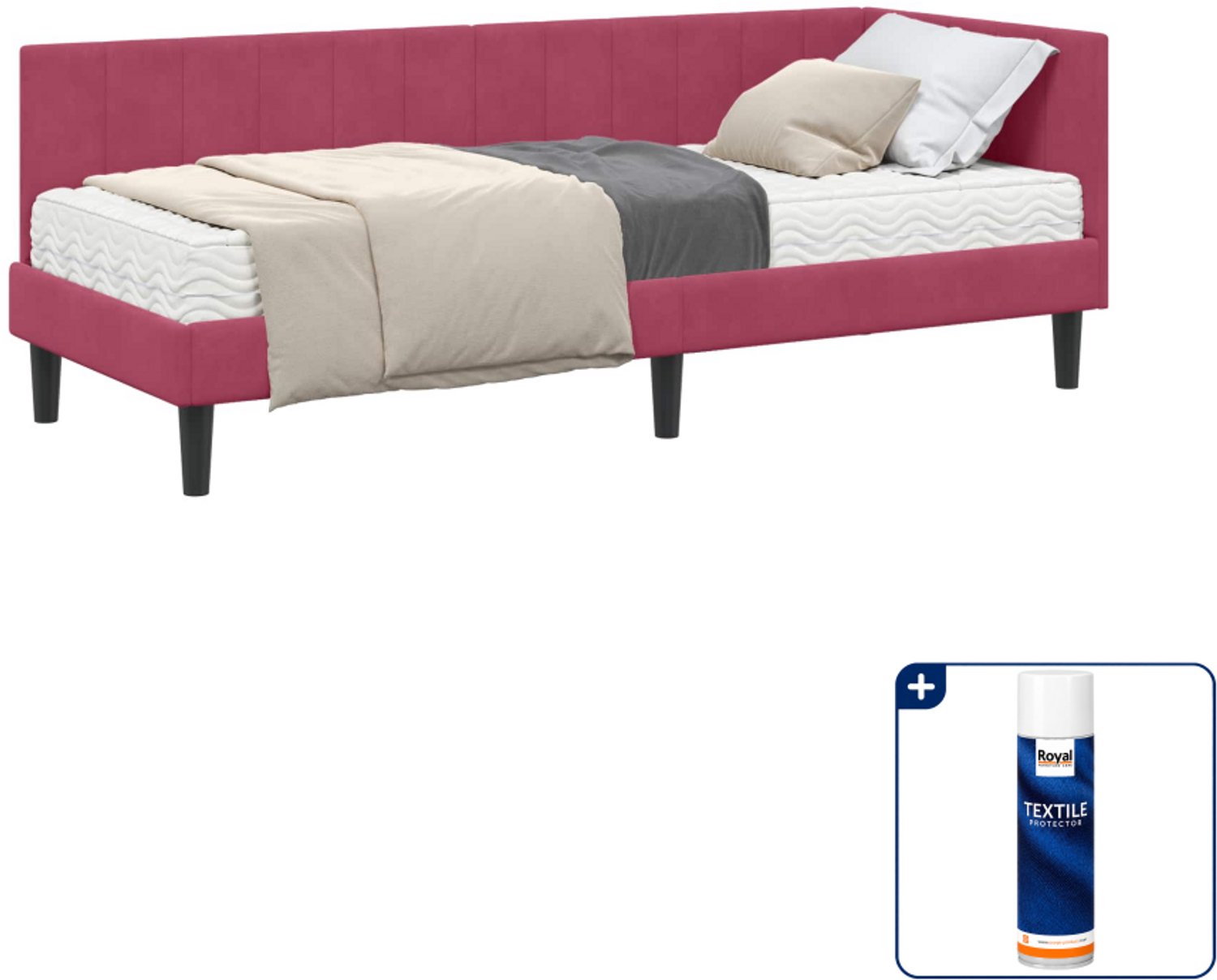 vidaXL hoekbedframe met matras - 80 x 200 cm - fluweel - wijnrood - Inclusief textielbeschermer 500 ml Lichtgrijs