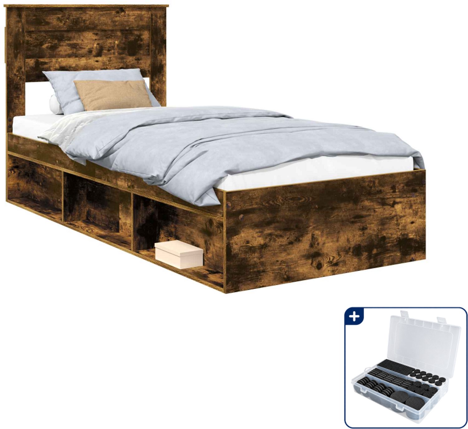 vidaXL Bedframe - 75 x 190 cm - bewerkt hout - gerookt eiken - Inclusief antikrasvilt 177-delig Grijs