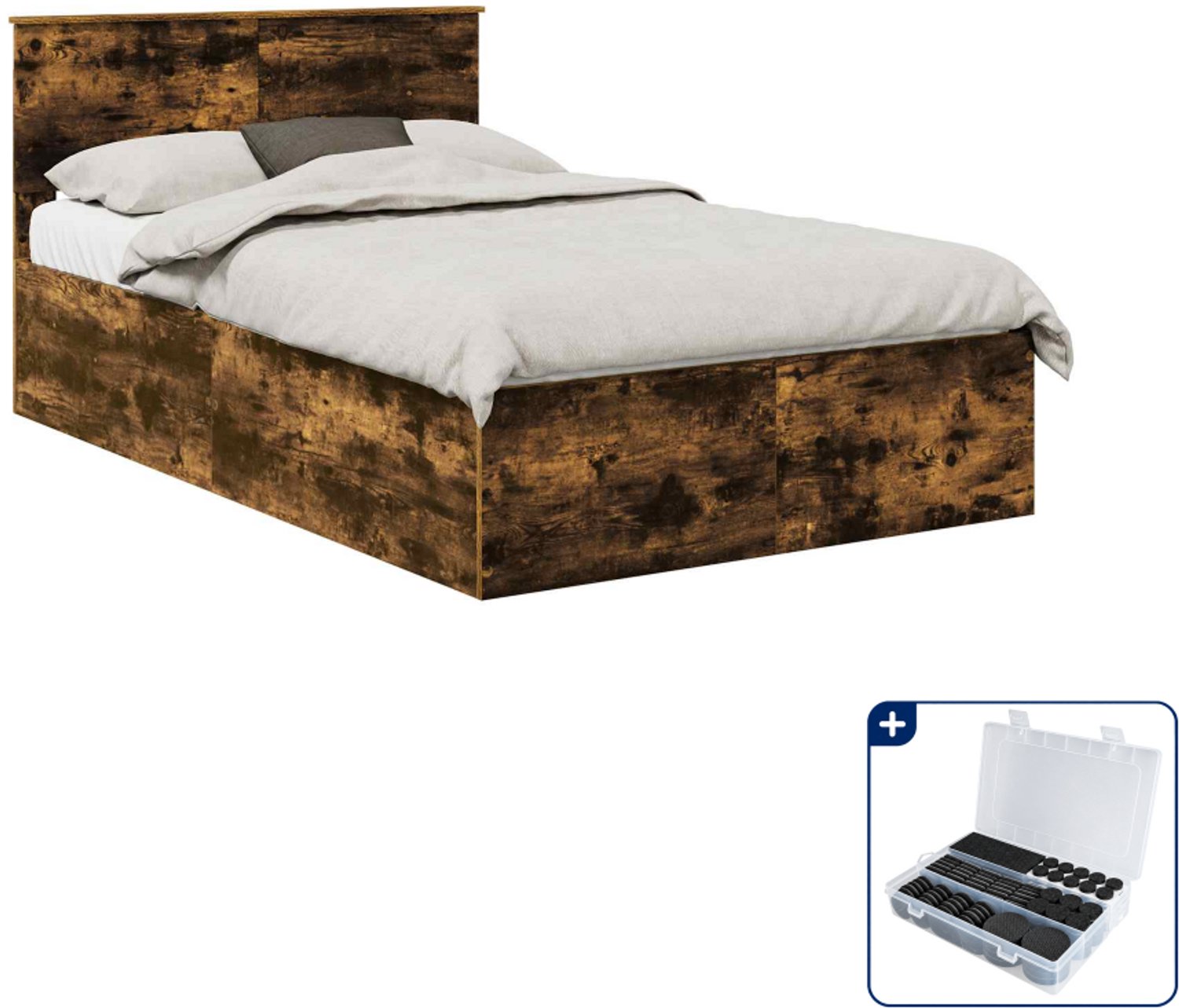 vidaXL Bedframe met hoofdeinde - 120 x 200 cm - bewerkt hout - gerookt eiken - Inclusief antikrasvilt 177-delig